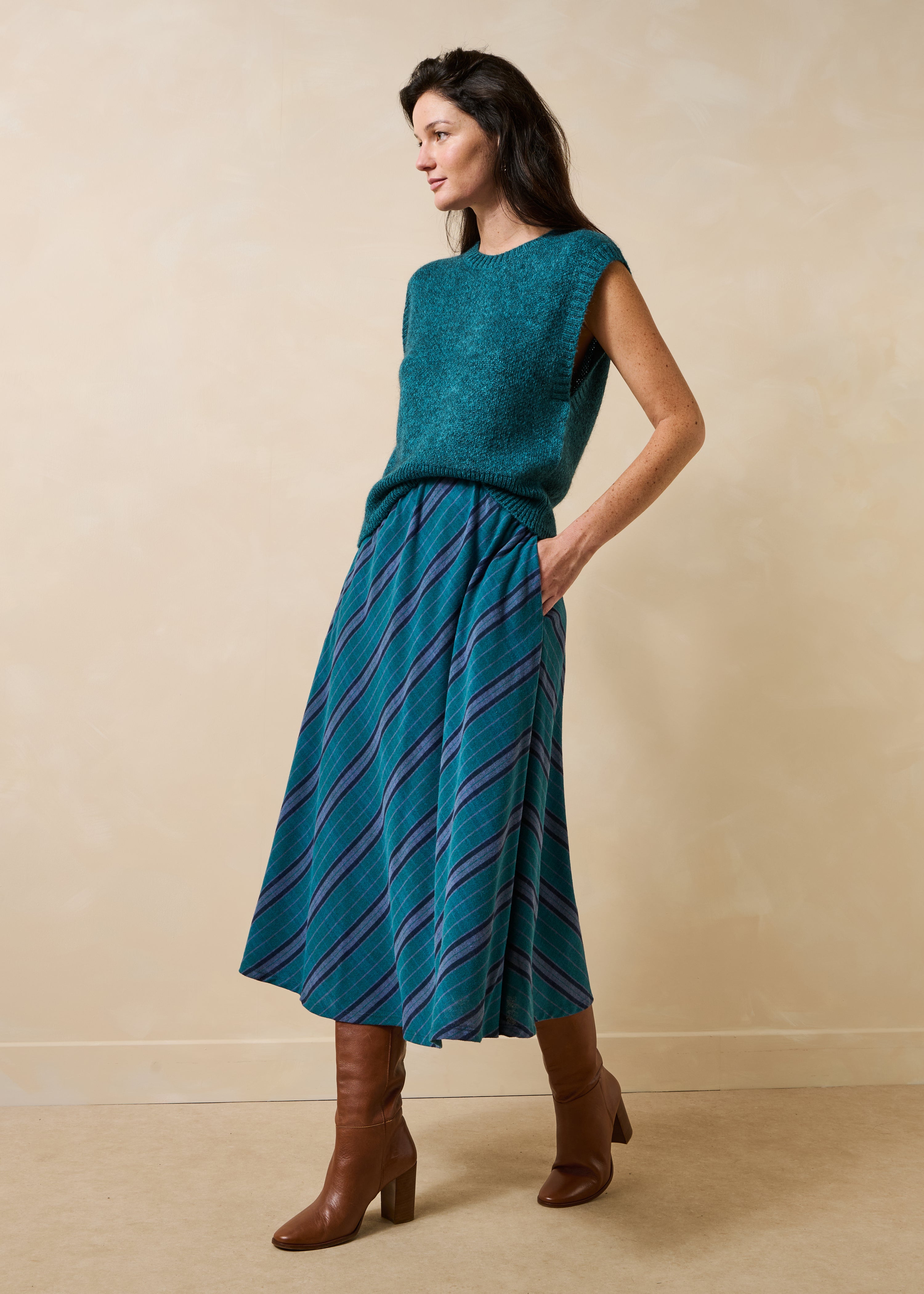 Elasticated petrol blue midi skirt with stripes