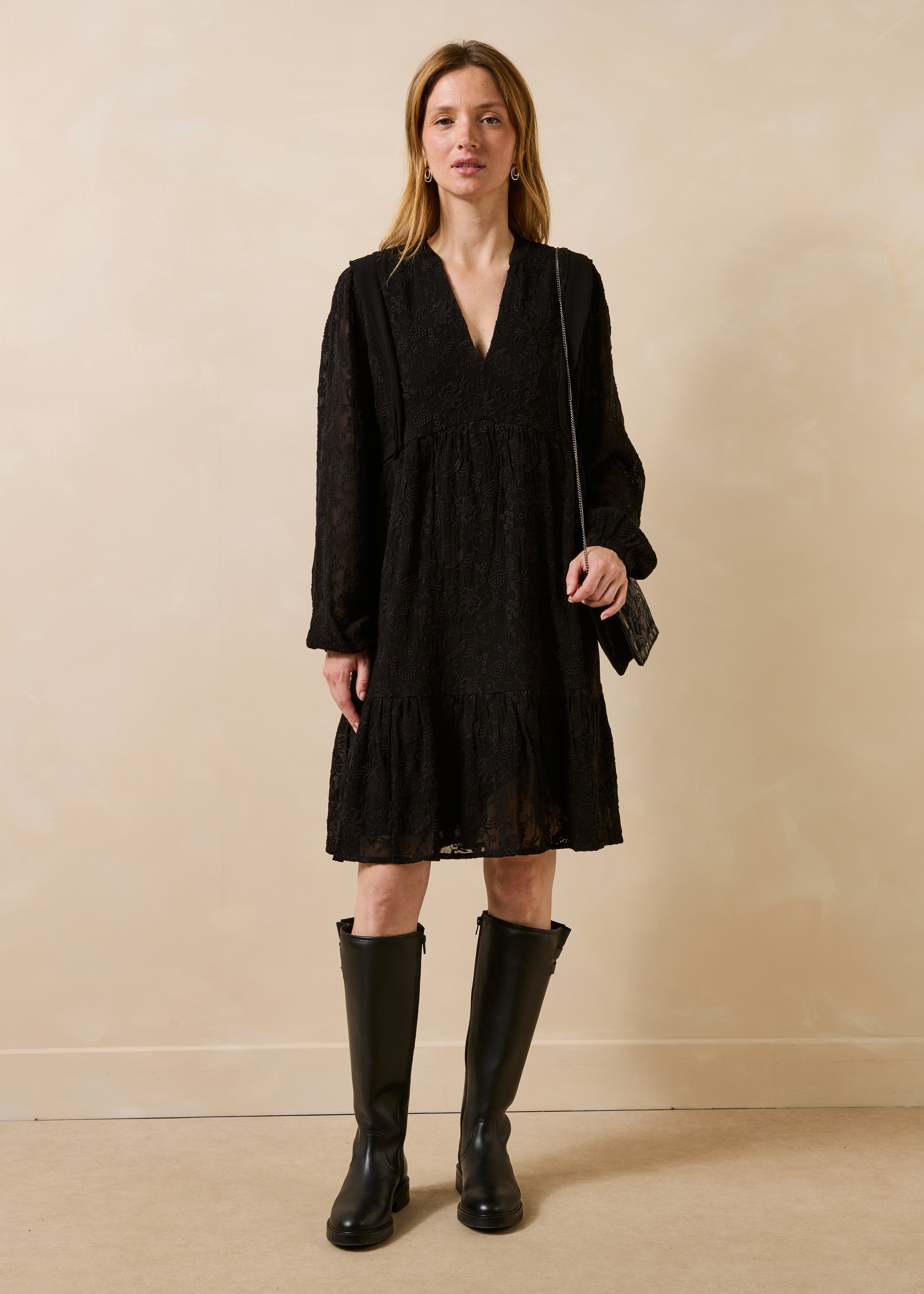 Black embroidered short dress with long sleeves