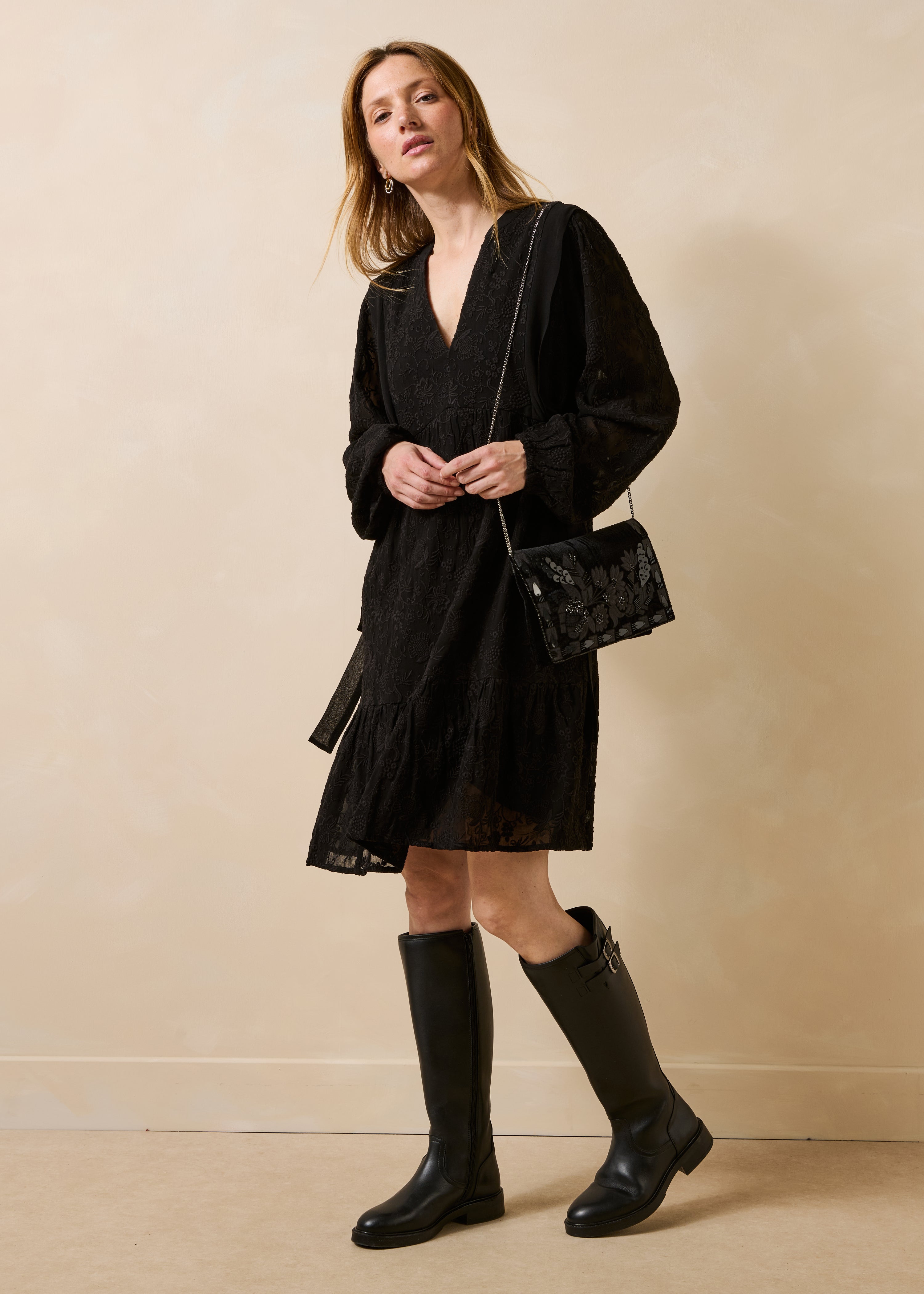 Black embroidered short dress with long sleeves