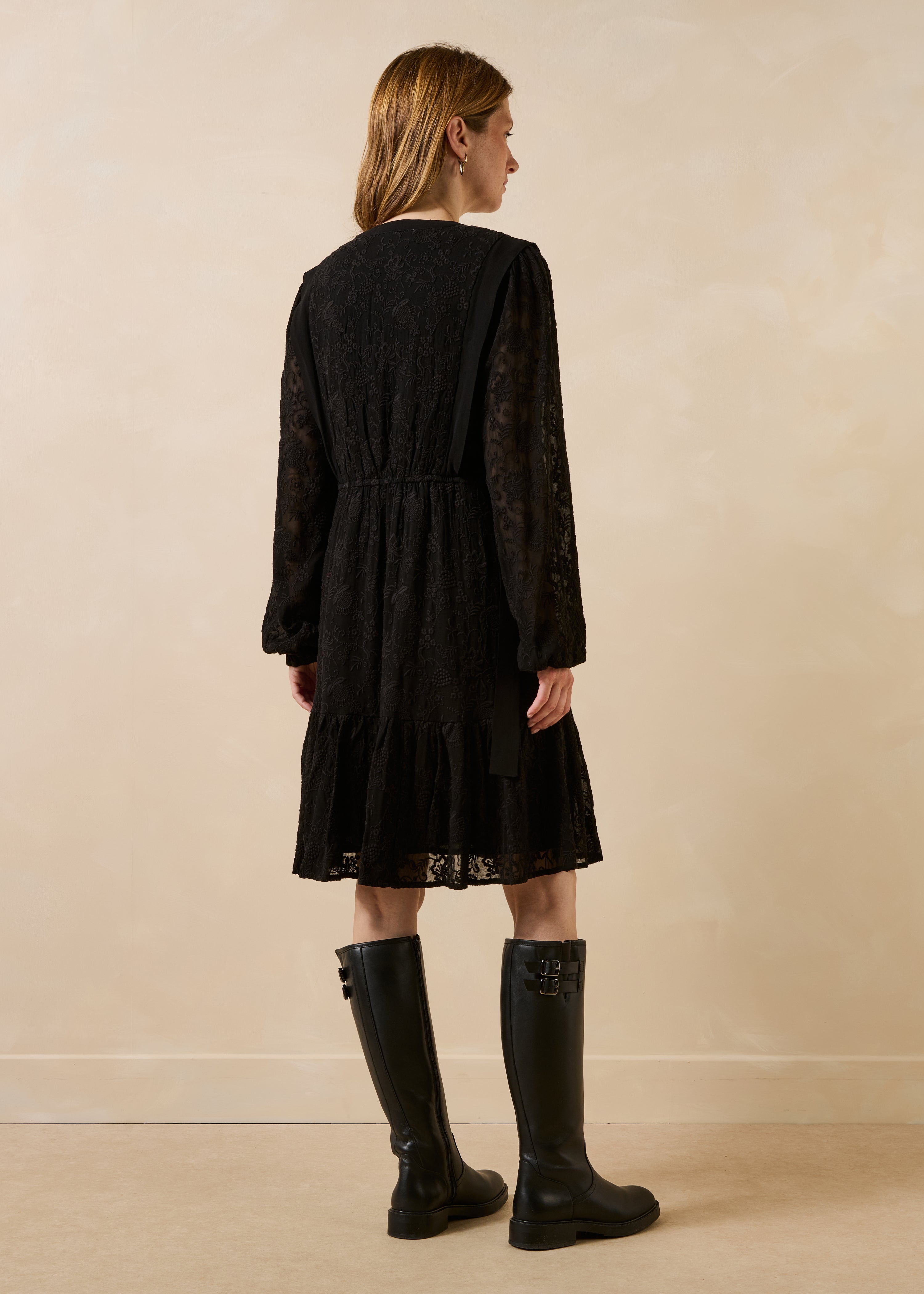 Black embroidered short dress with long sleeves