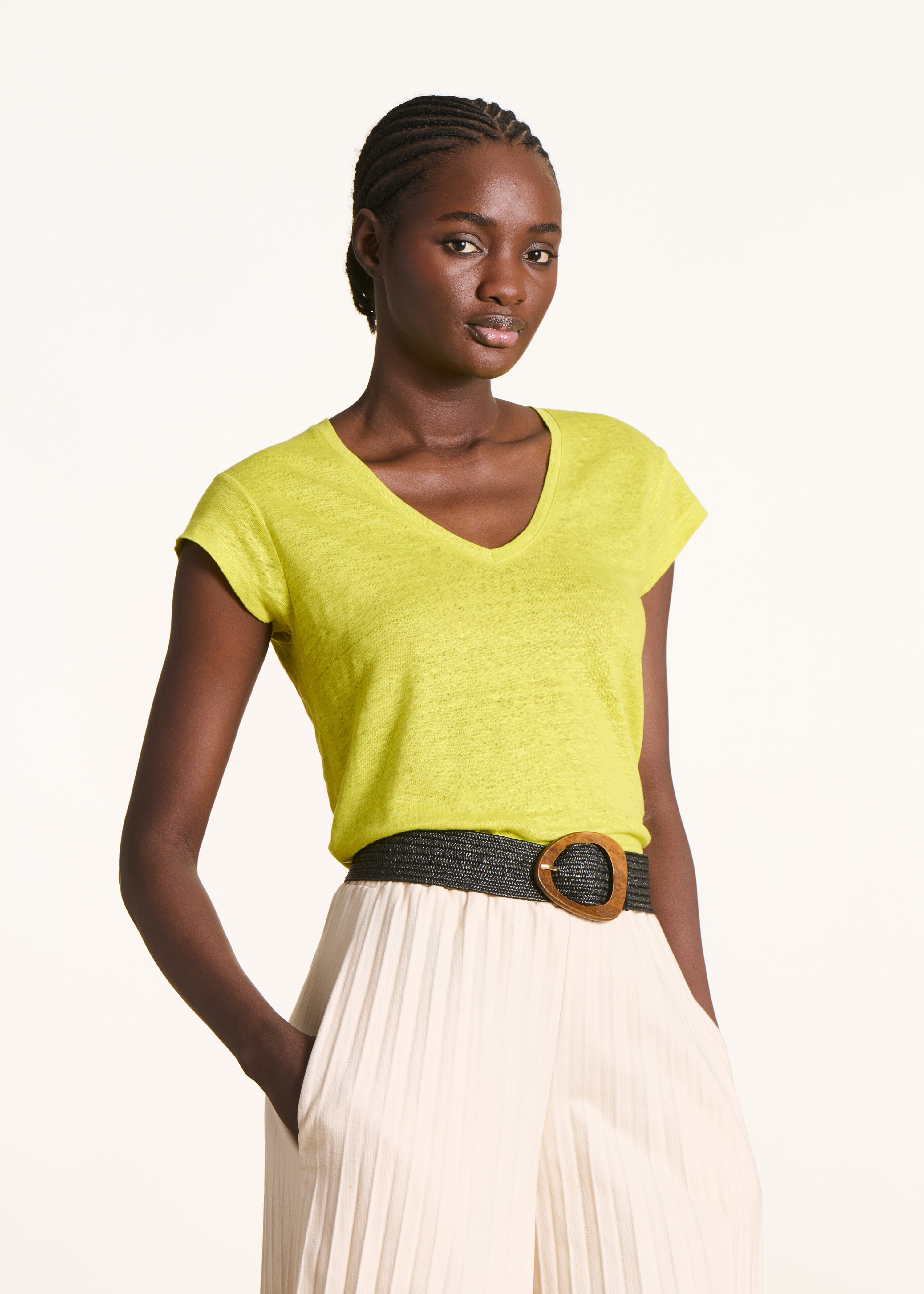 T-shirt vert anis en lin manches courtes