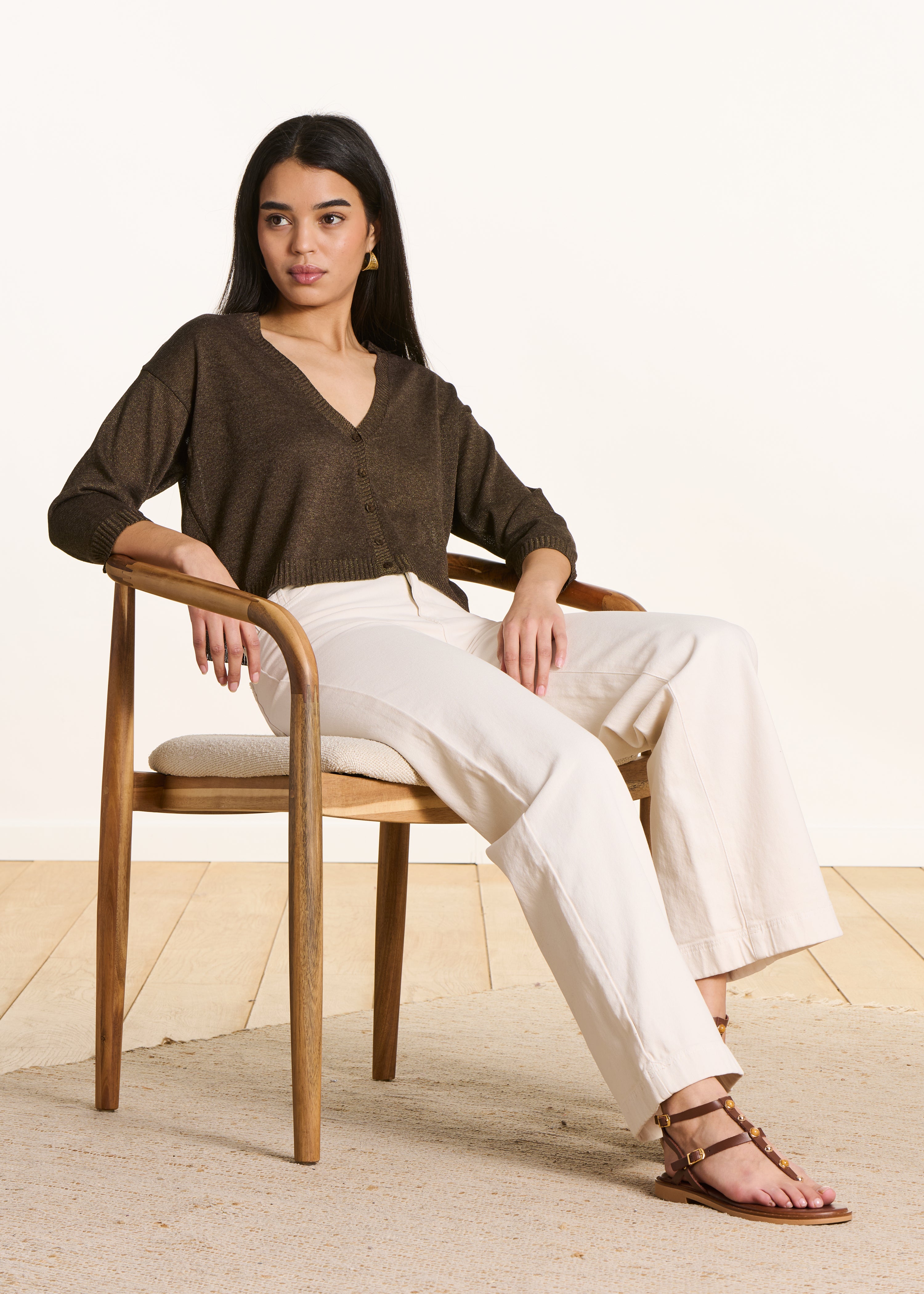 Gilet court marron en maille fine irisée