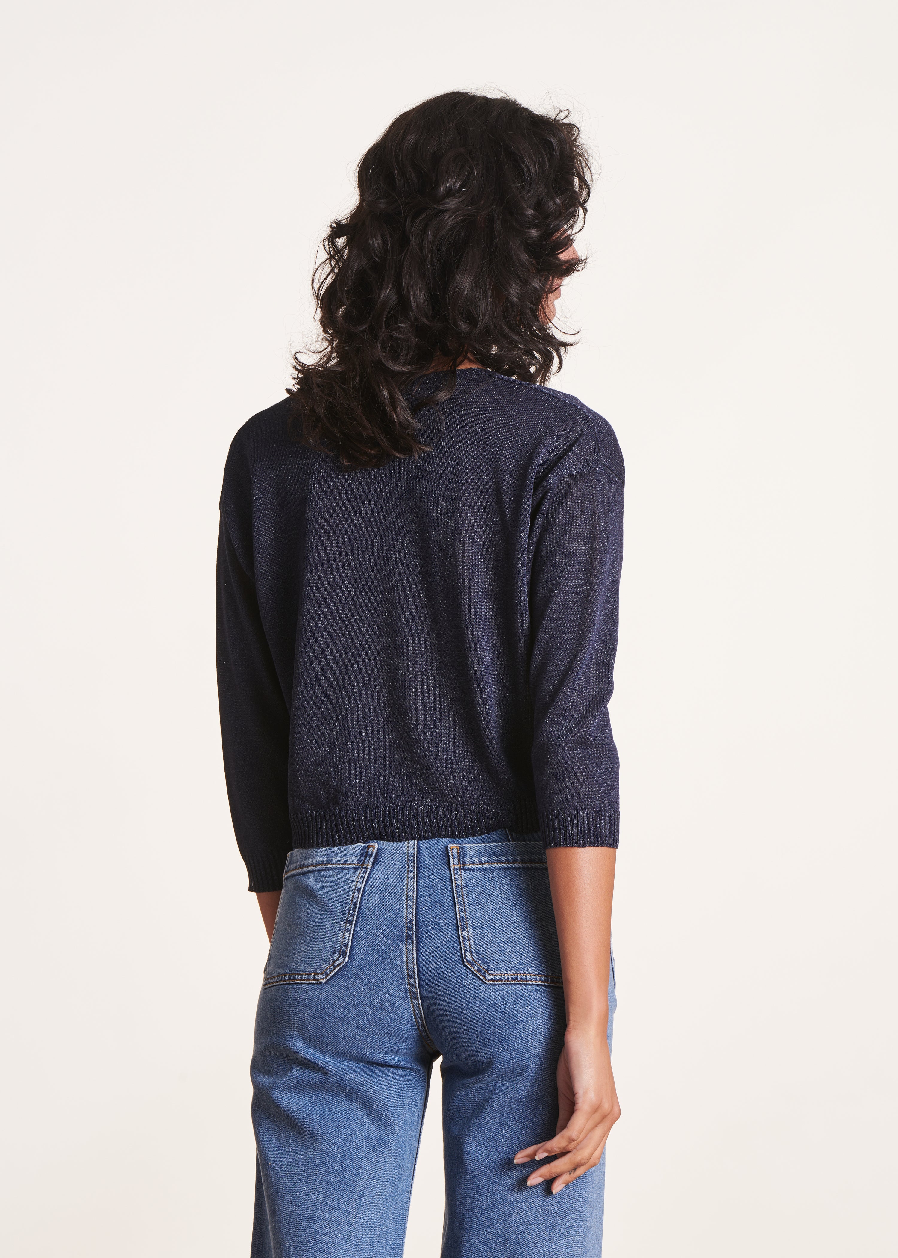 Kort marineblauw vest met lange mouwen en V-hals