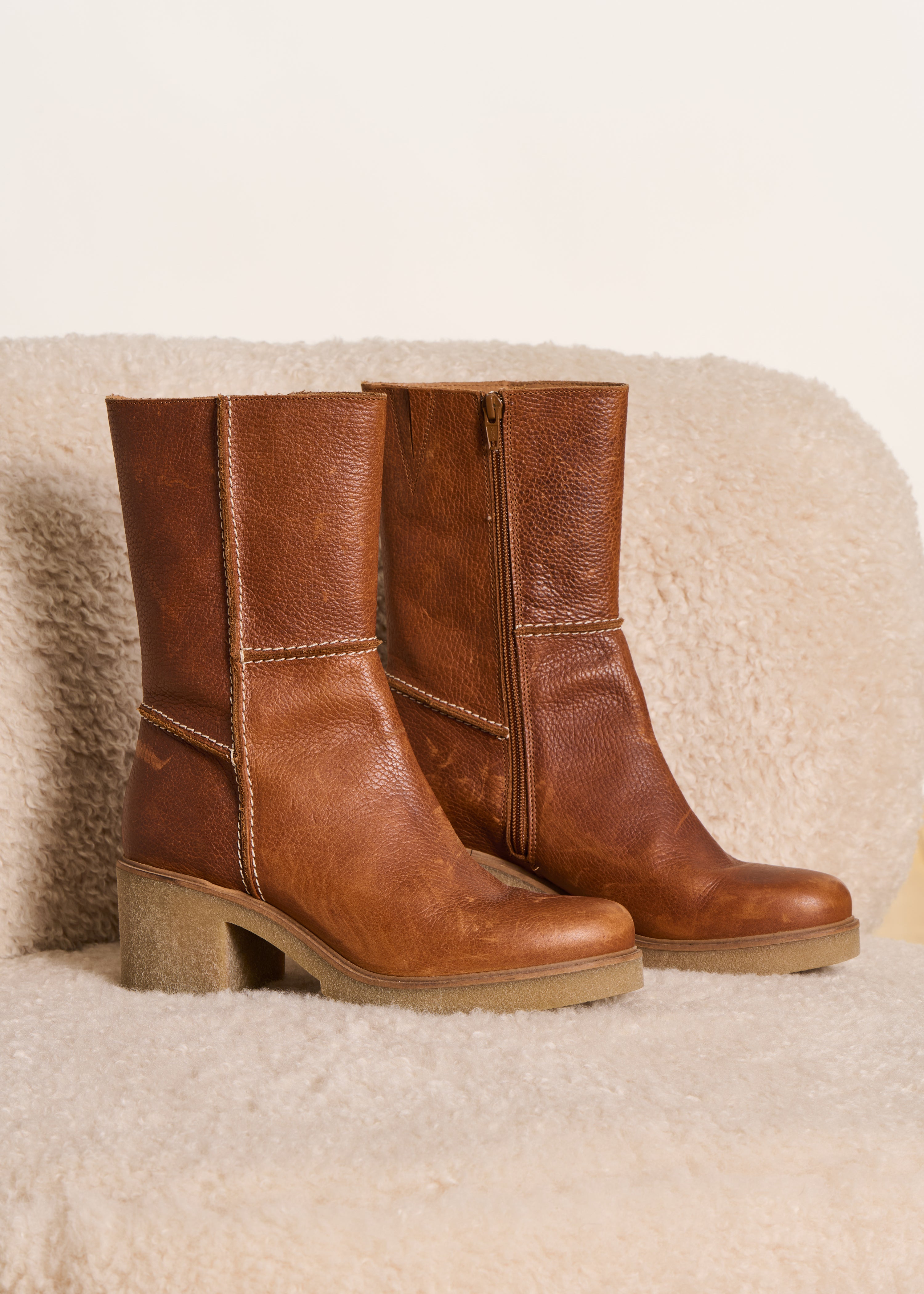 Mid-calf camel leather ankle boots