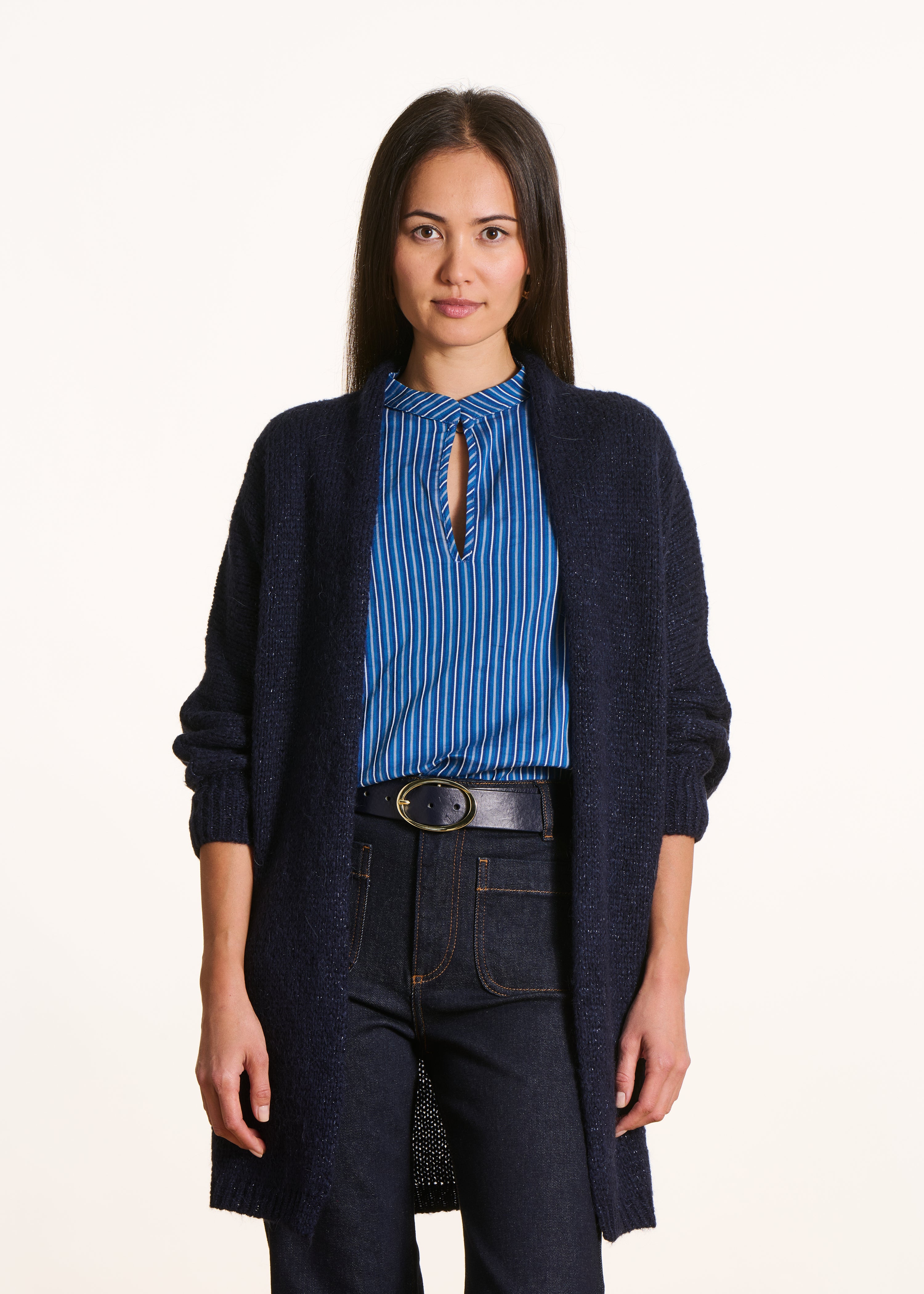 Marineblaue, halblange Oversize-Weste aus irisierender Maschenware