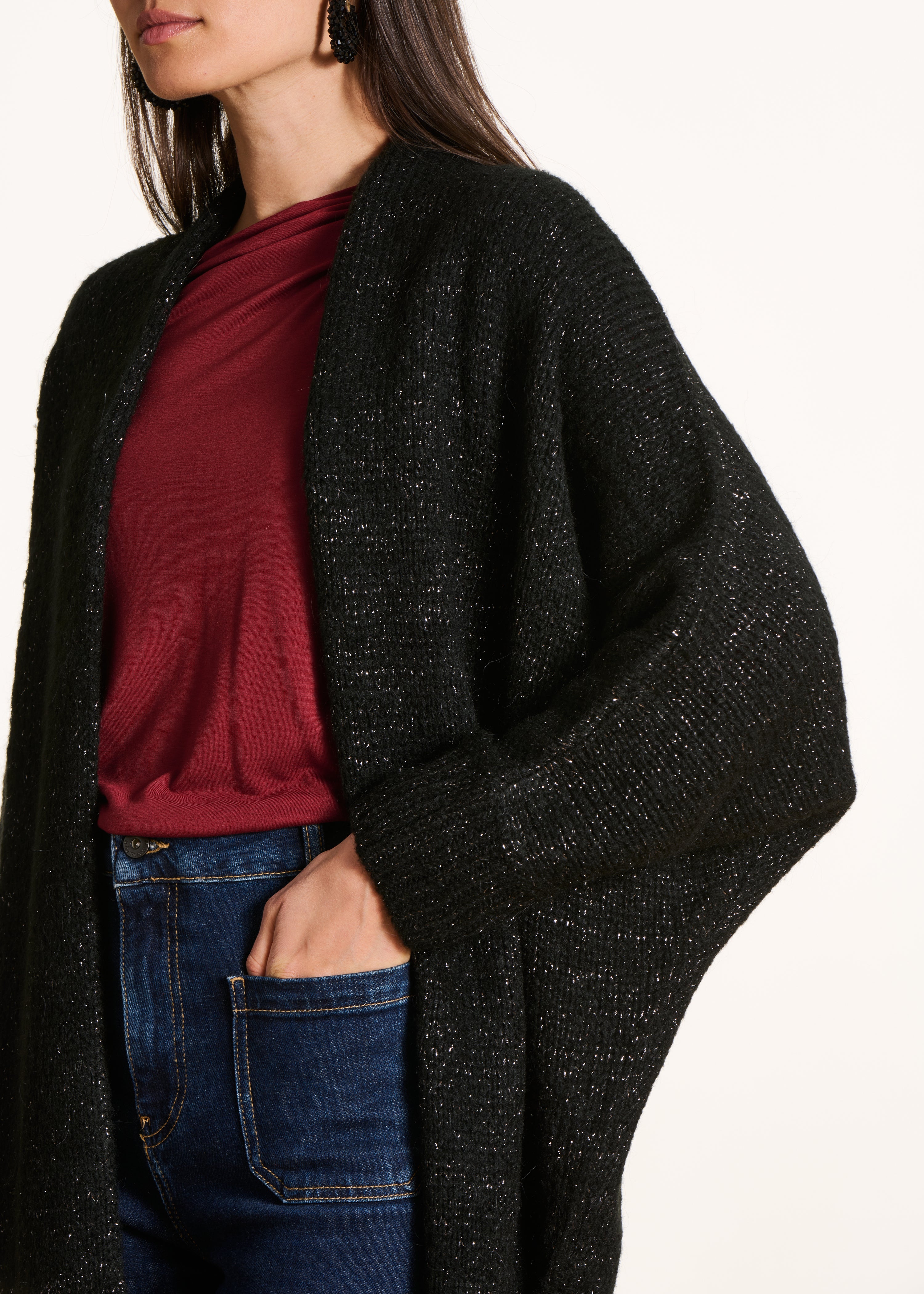 Halblange schwarz Oversize-Weste aus irisierender Maschenware