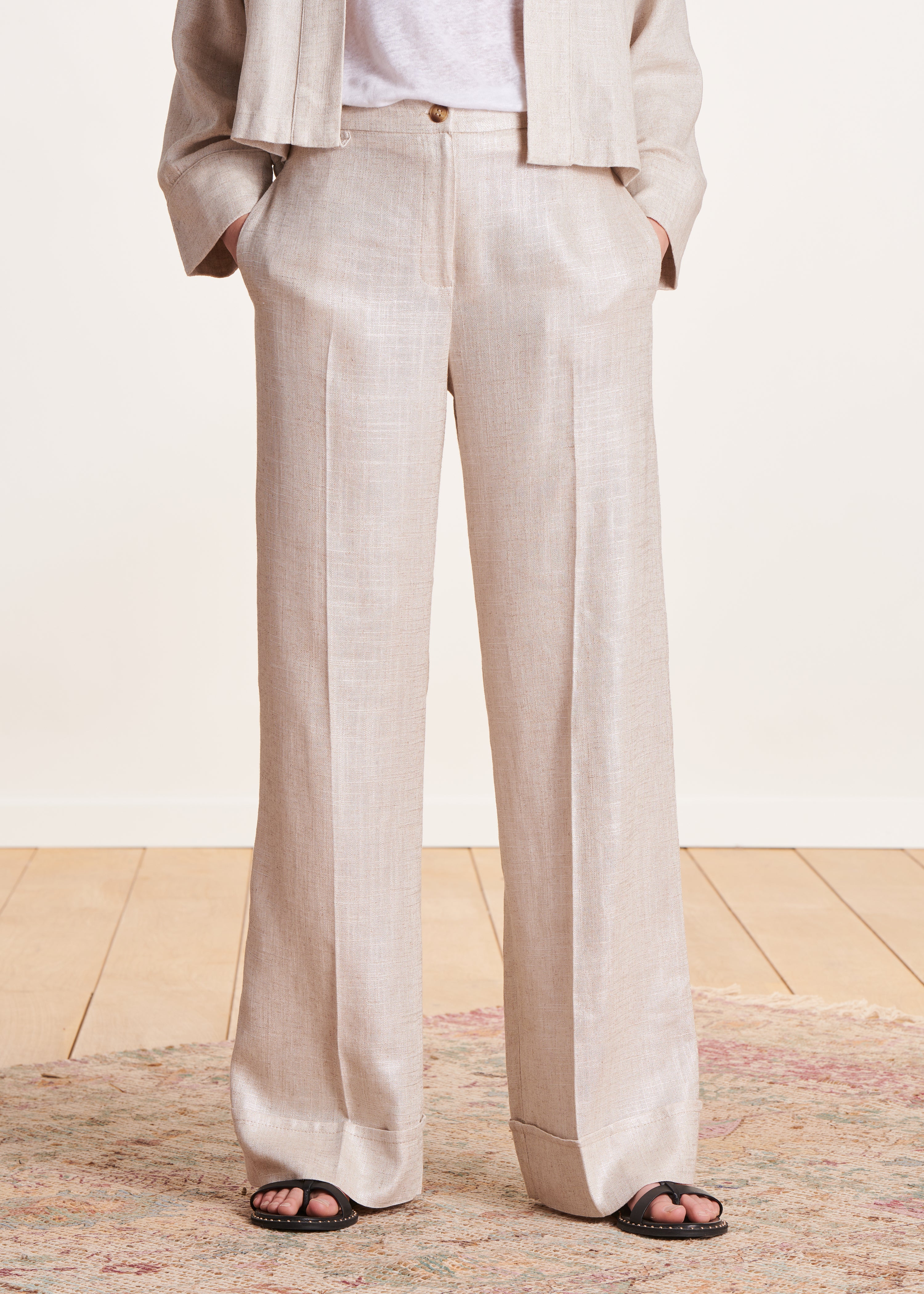 Pantalón recto de vestir beige en lino irisado