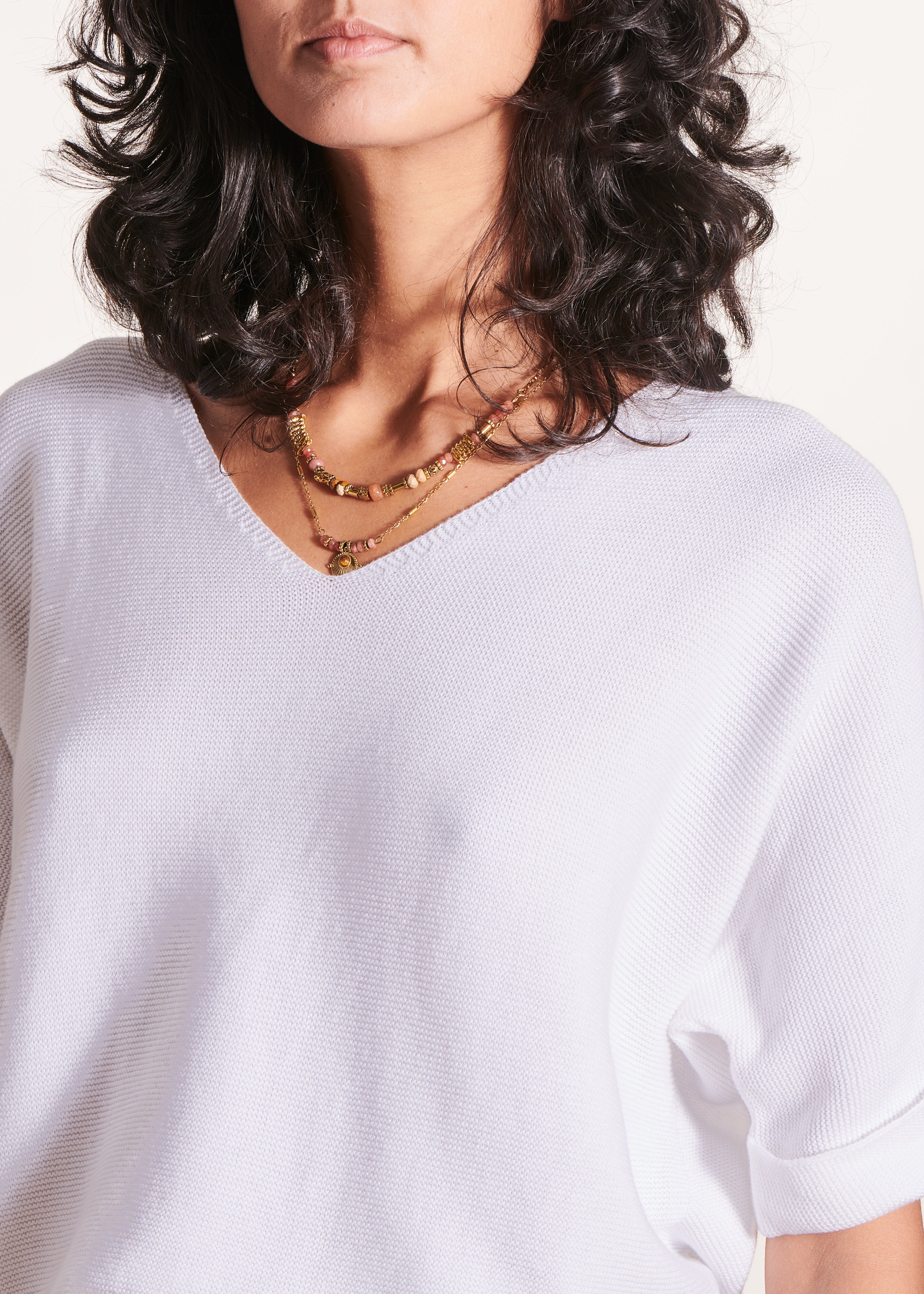 Pull blanc manches courtes col V
