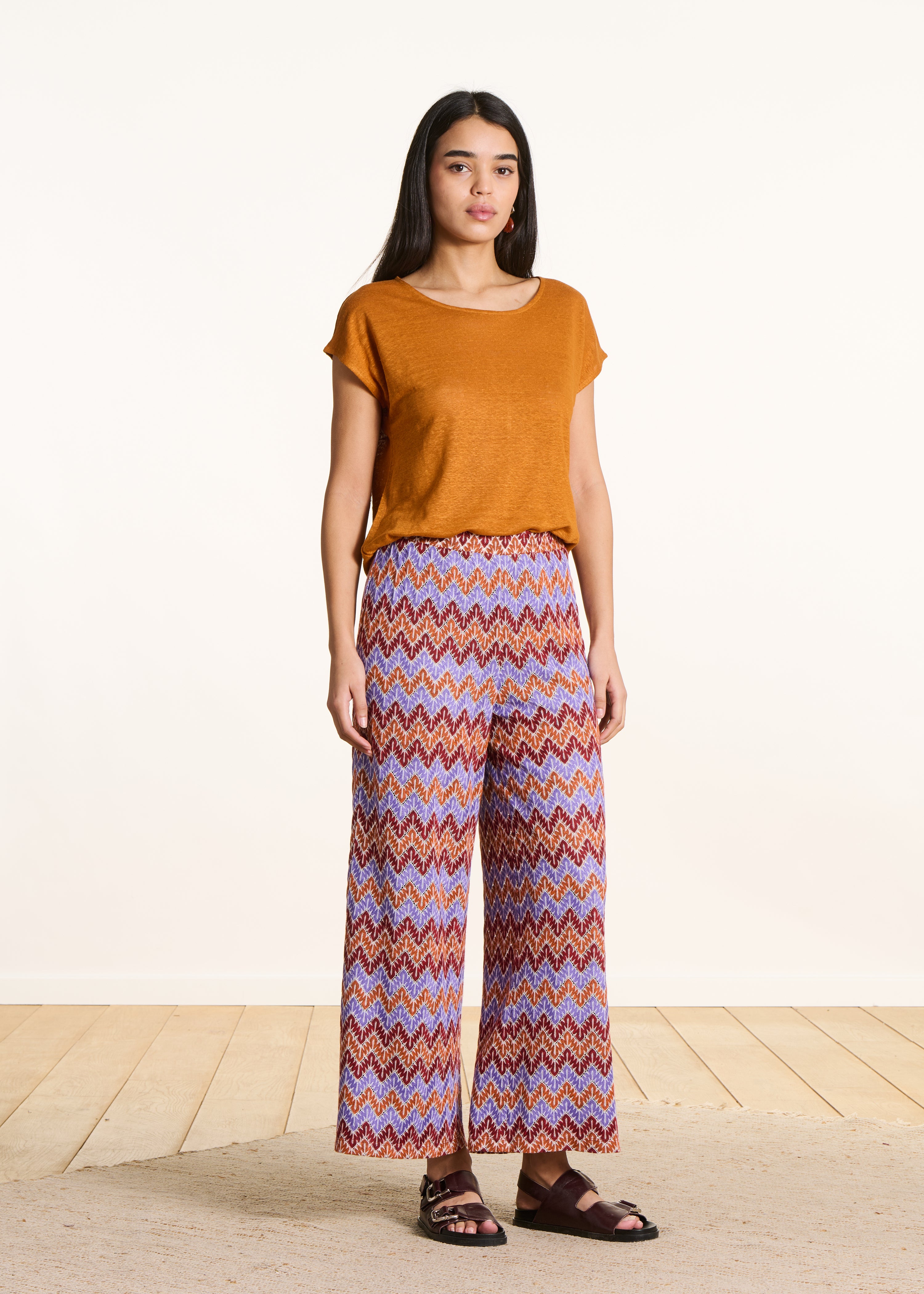 T-shirt droit ocre en jersey lin