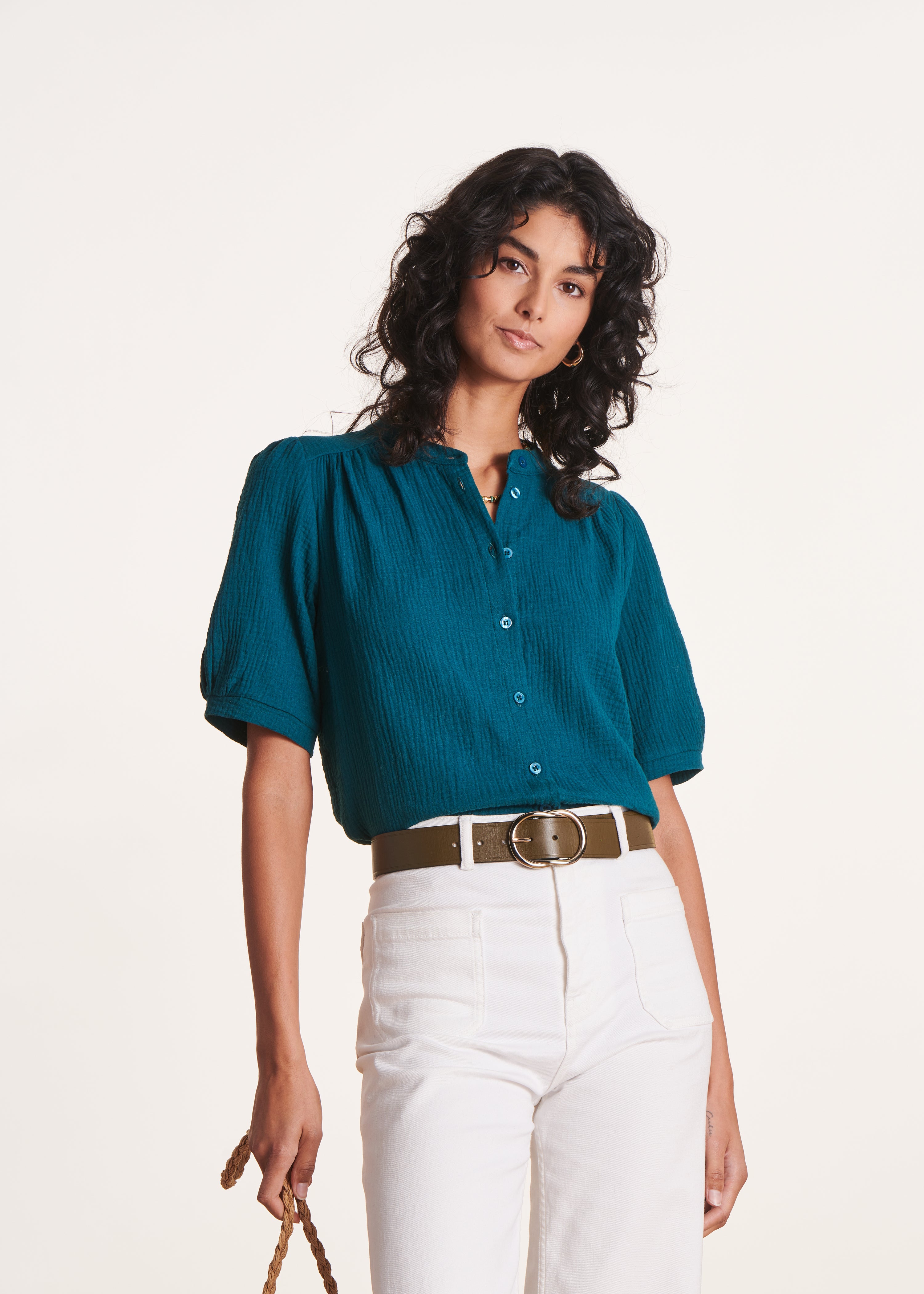 Chemisier court bleu canard en gaze de coton biologique