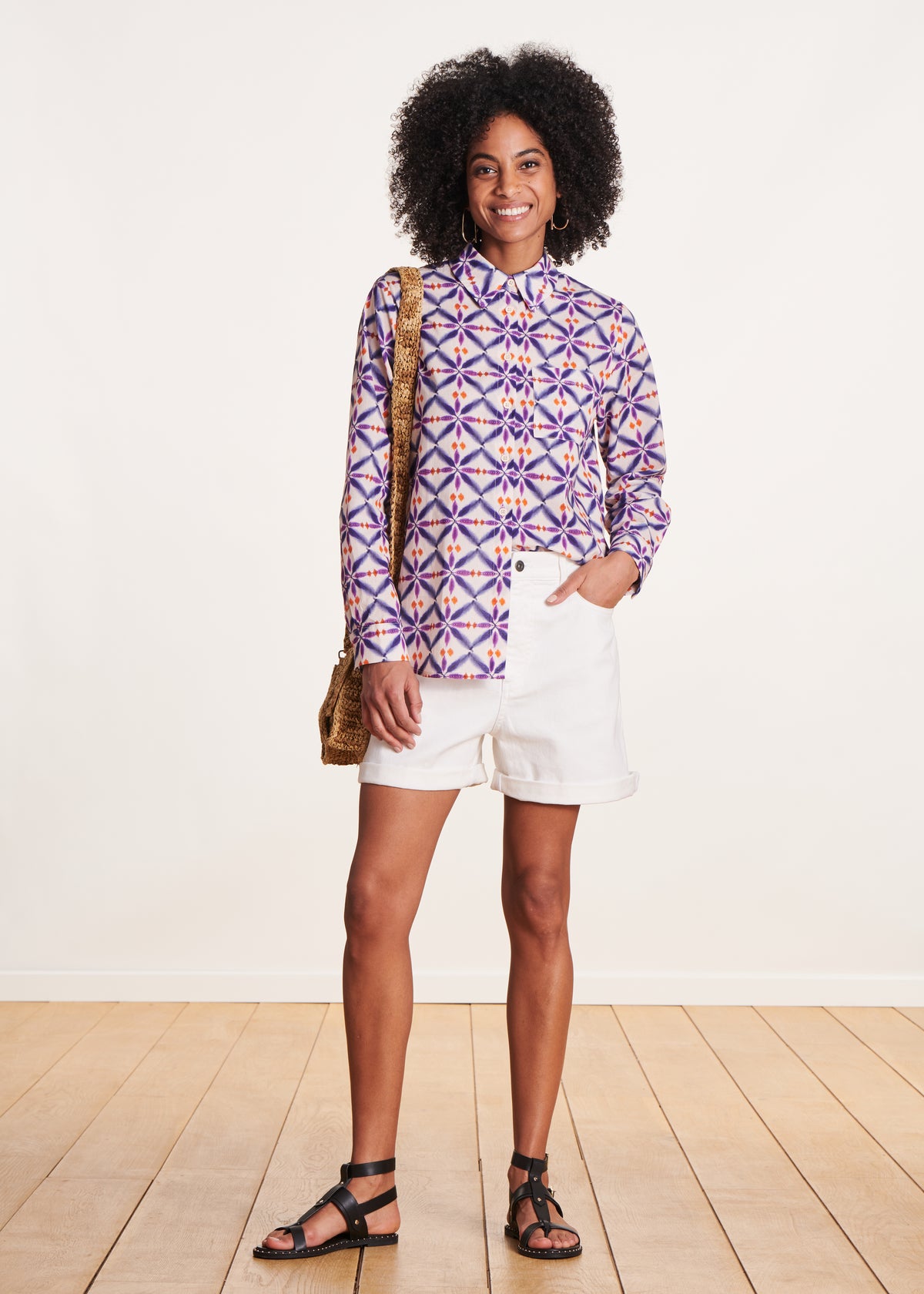 Camisa de voile de algodão estampada roxa