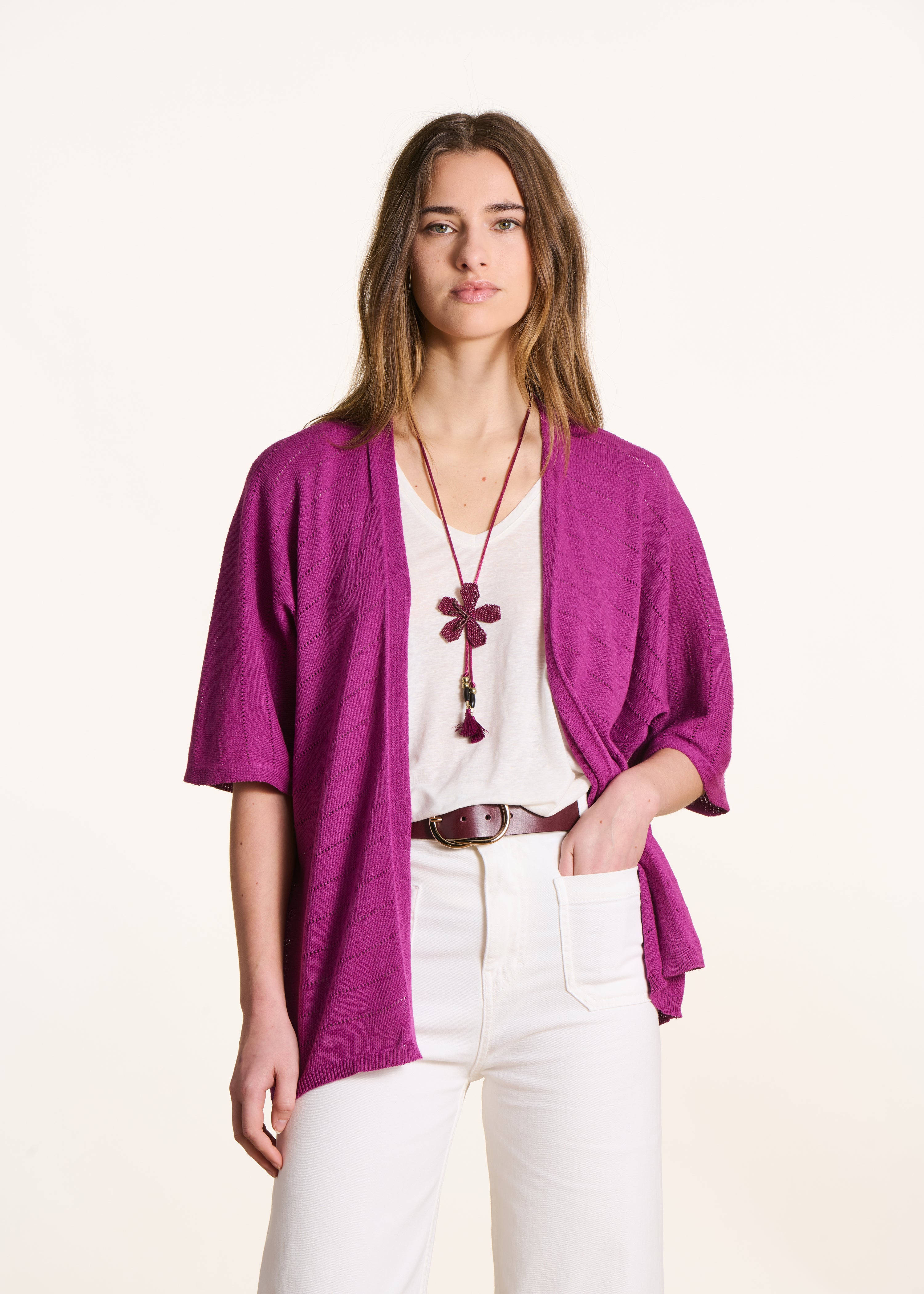 Lightweight purple openwork vest with short sleeves