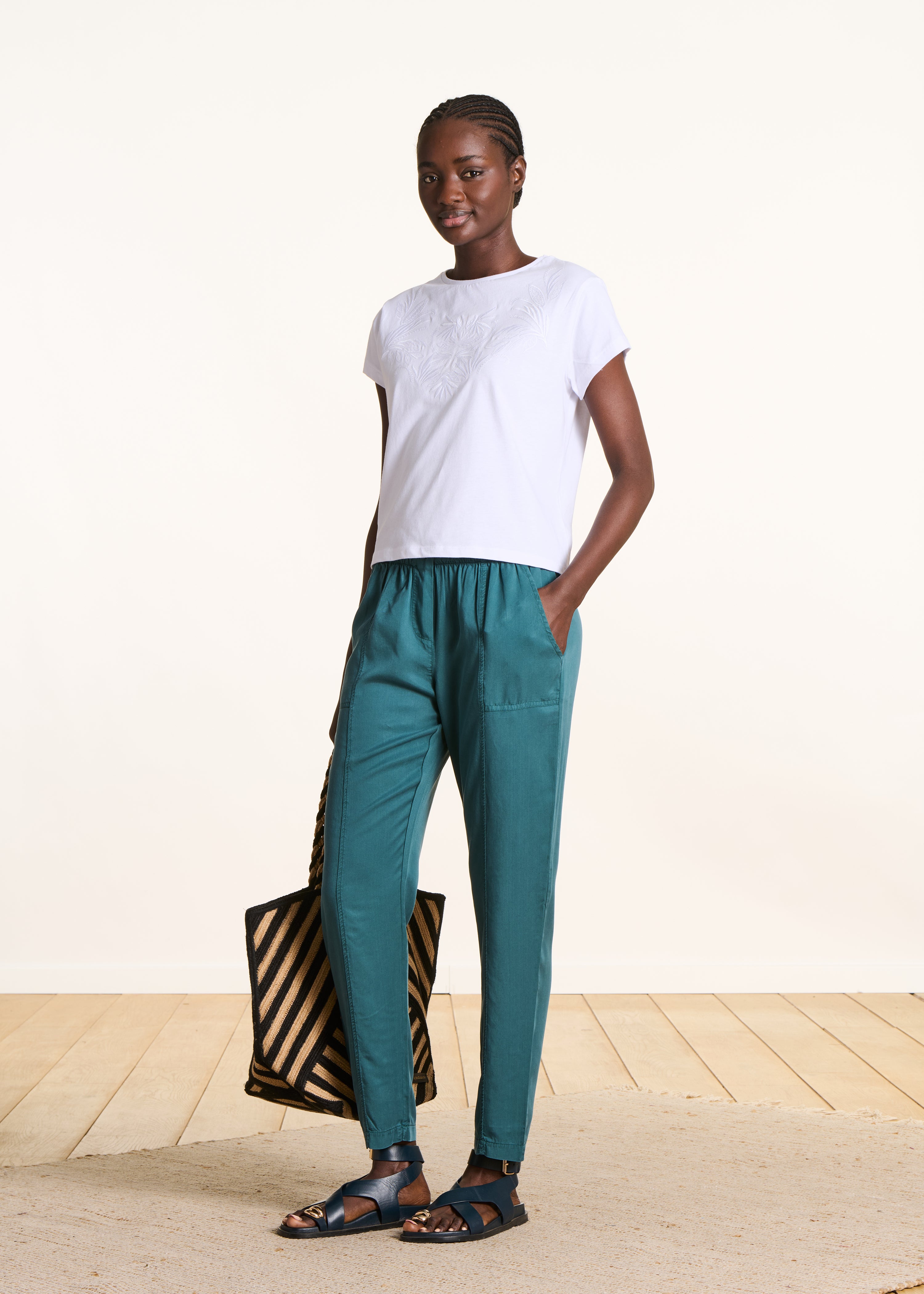 Petrol blue flowing trousers in lyocell with elasticated waist
