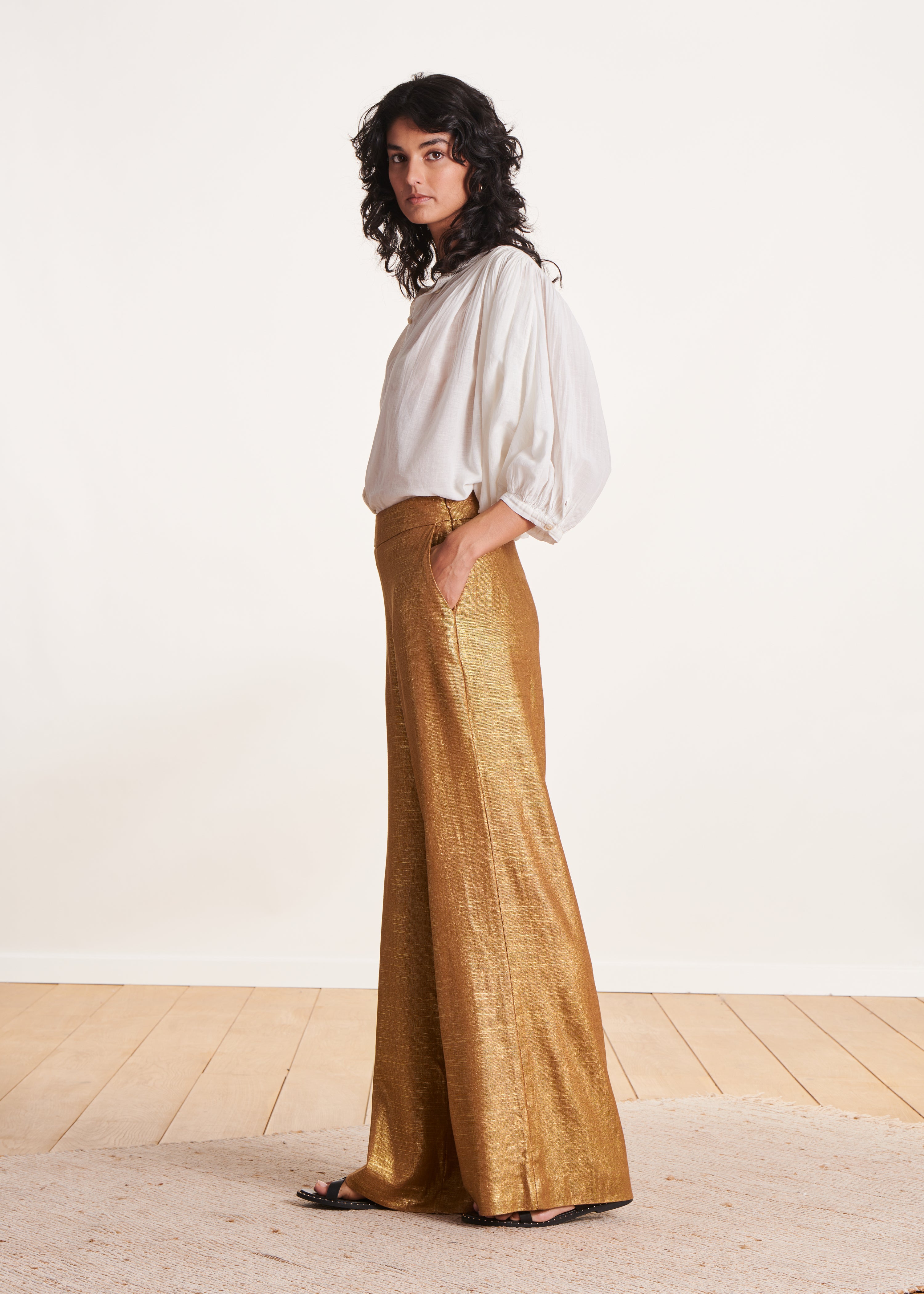 Pantalon bronze en lin foiled taille haute