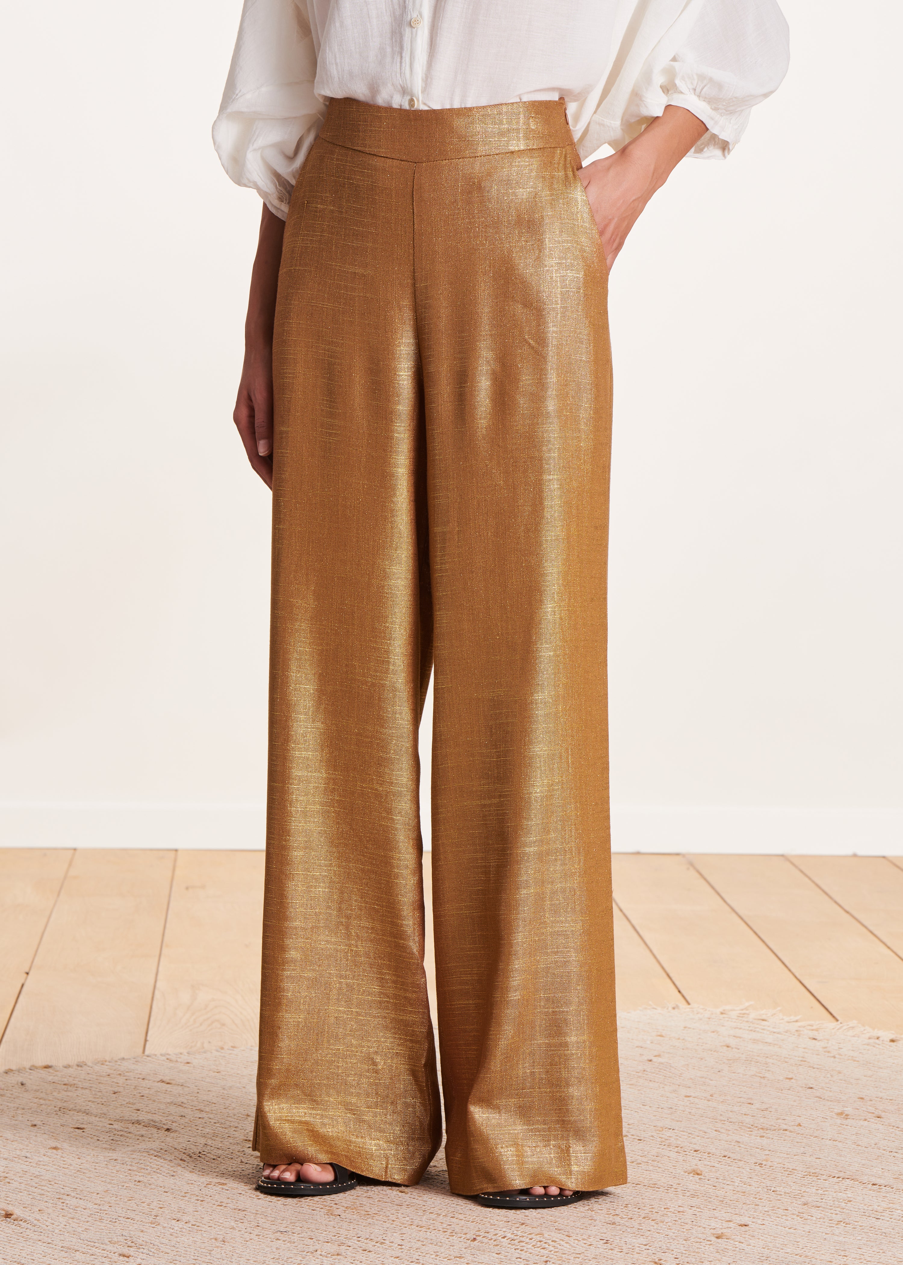 Pantalon bronze en lin foiled taille haute