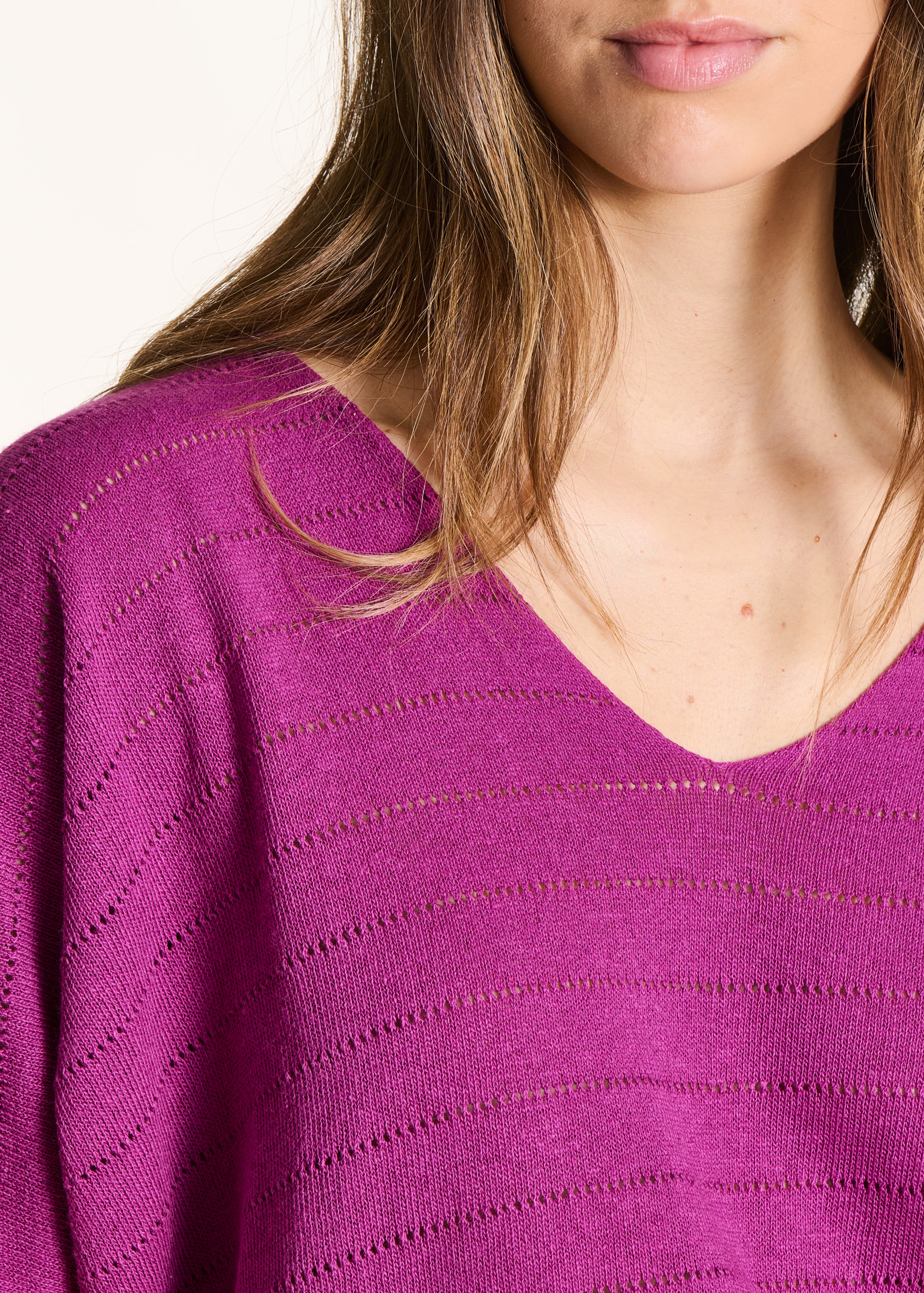 Oversized purple openwork short-sleeve sweater