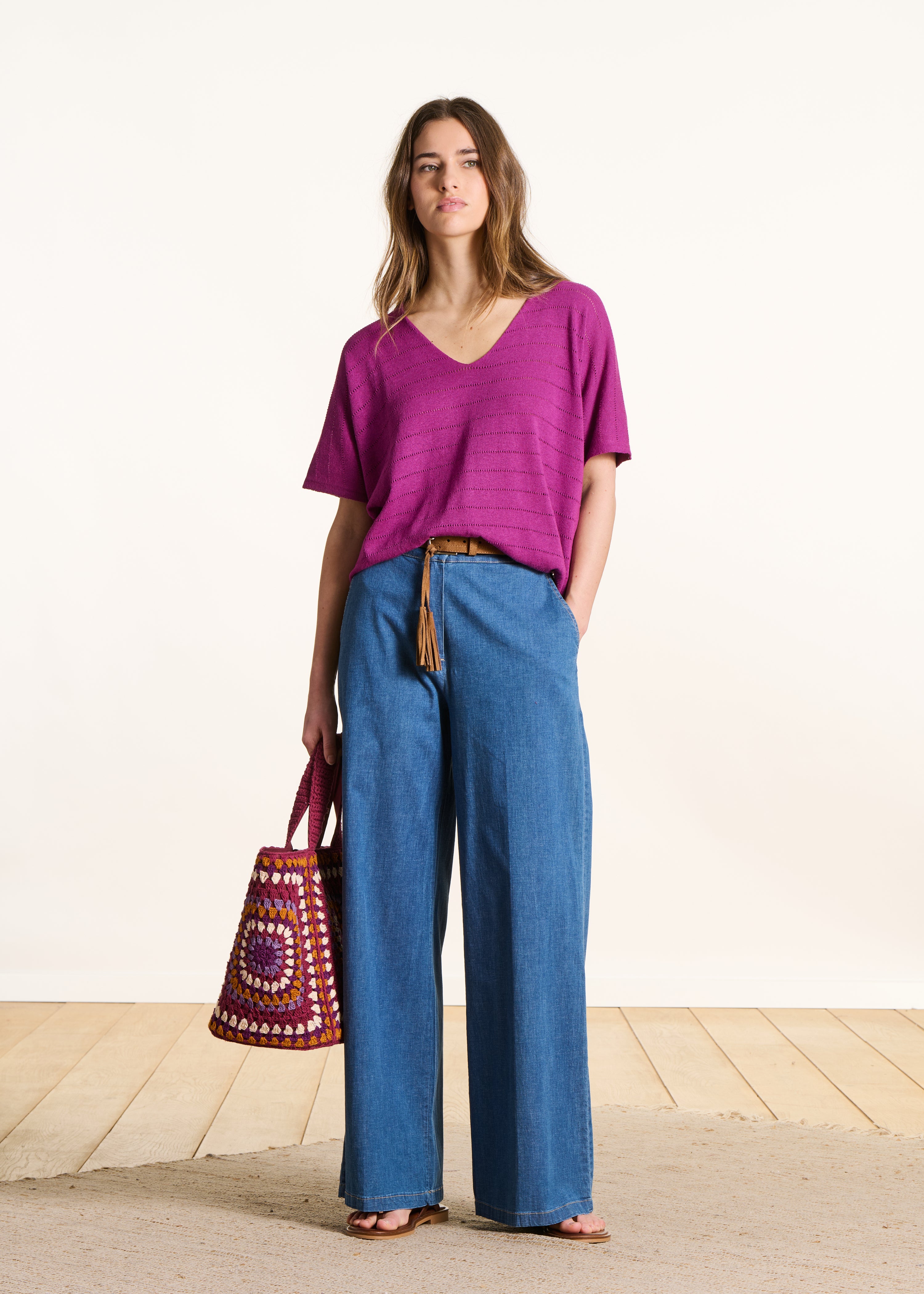 Oversized purple openwork short-sleeve sweater