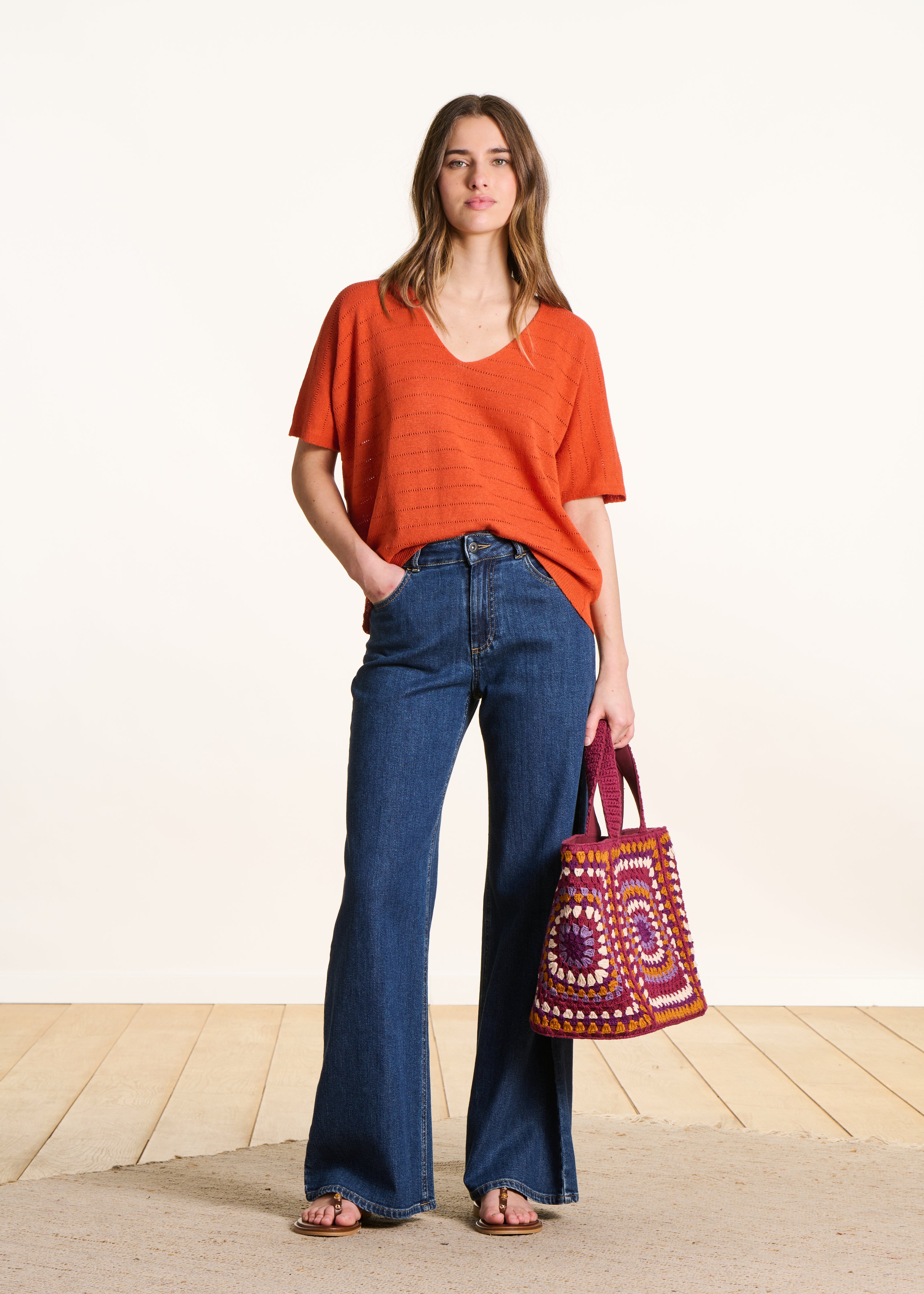 Oversize-Pullover Orange mit Lochmuster und kurzen Ärmeln