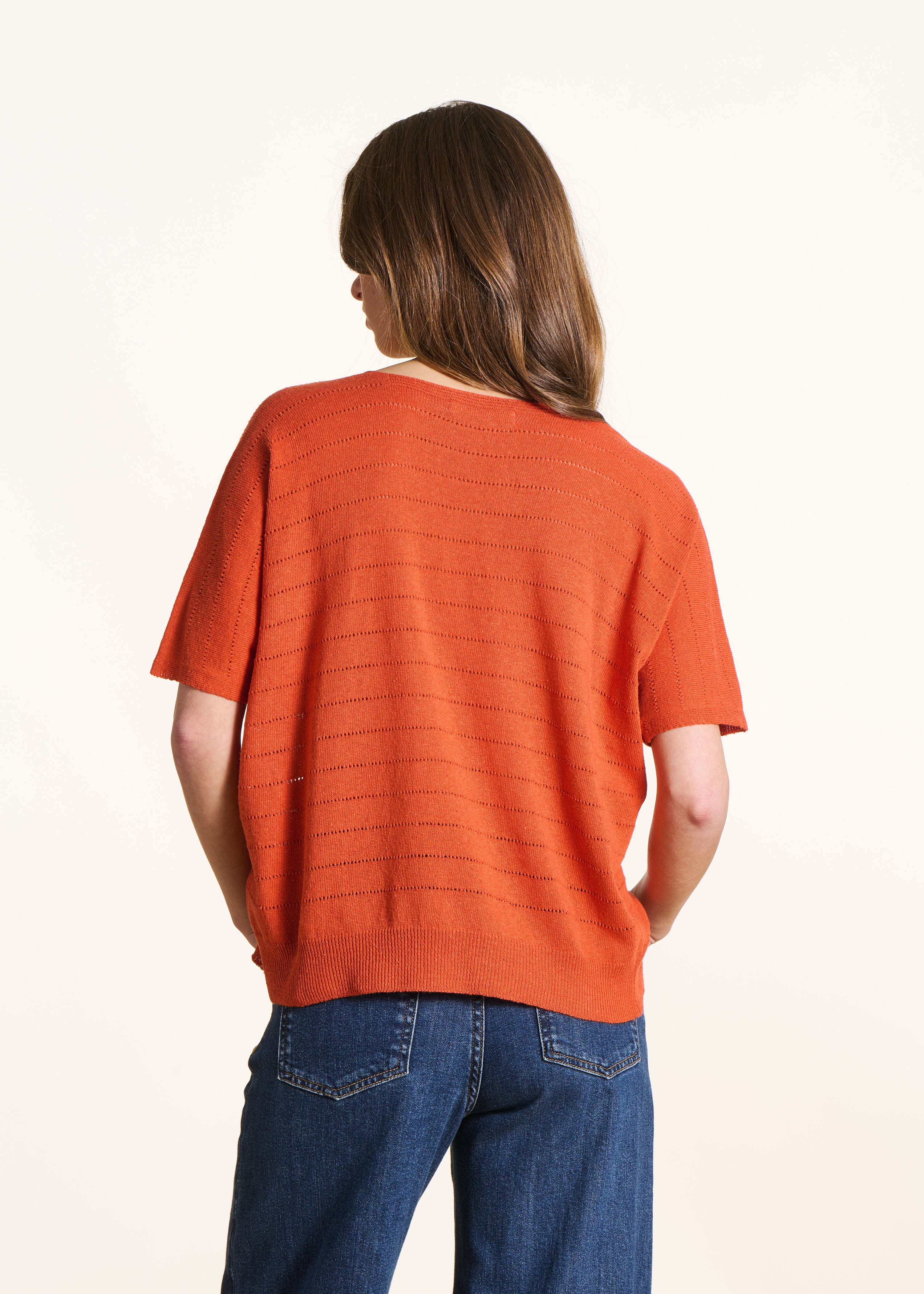 Oversize-Pullover Orange mit Lochmuster und kurzen Ärmeln