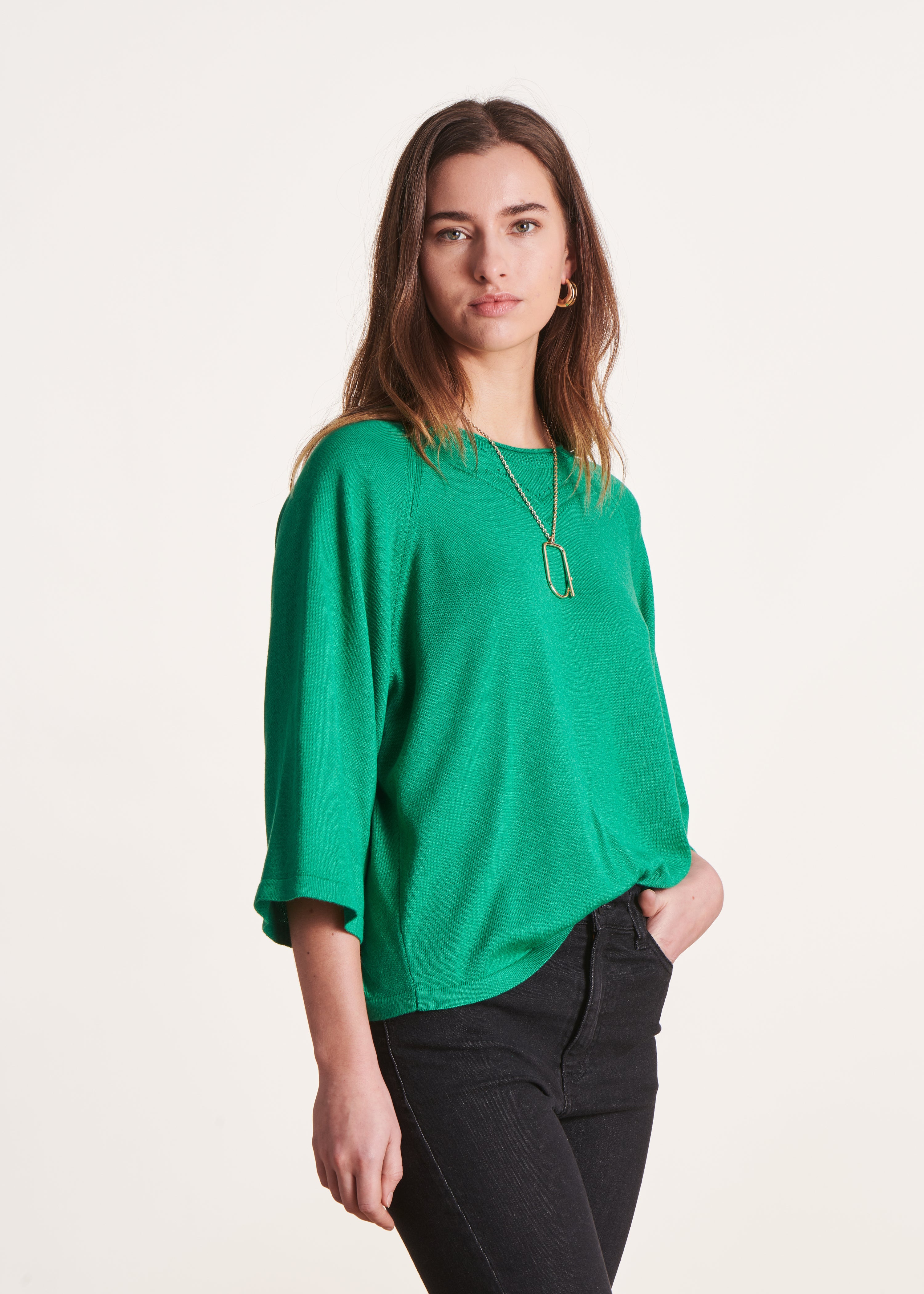 Grüner Oversize-Pullover mit 3/4-Ärmeln