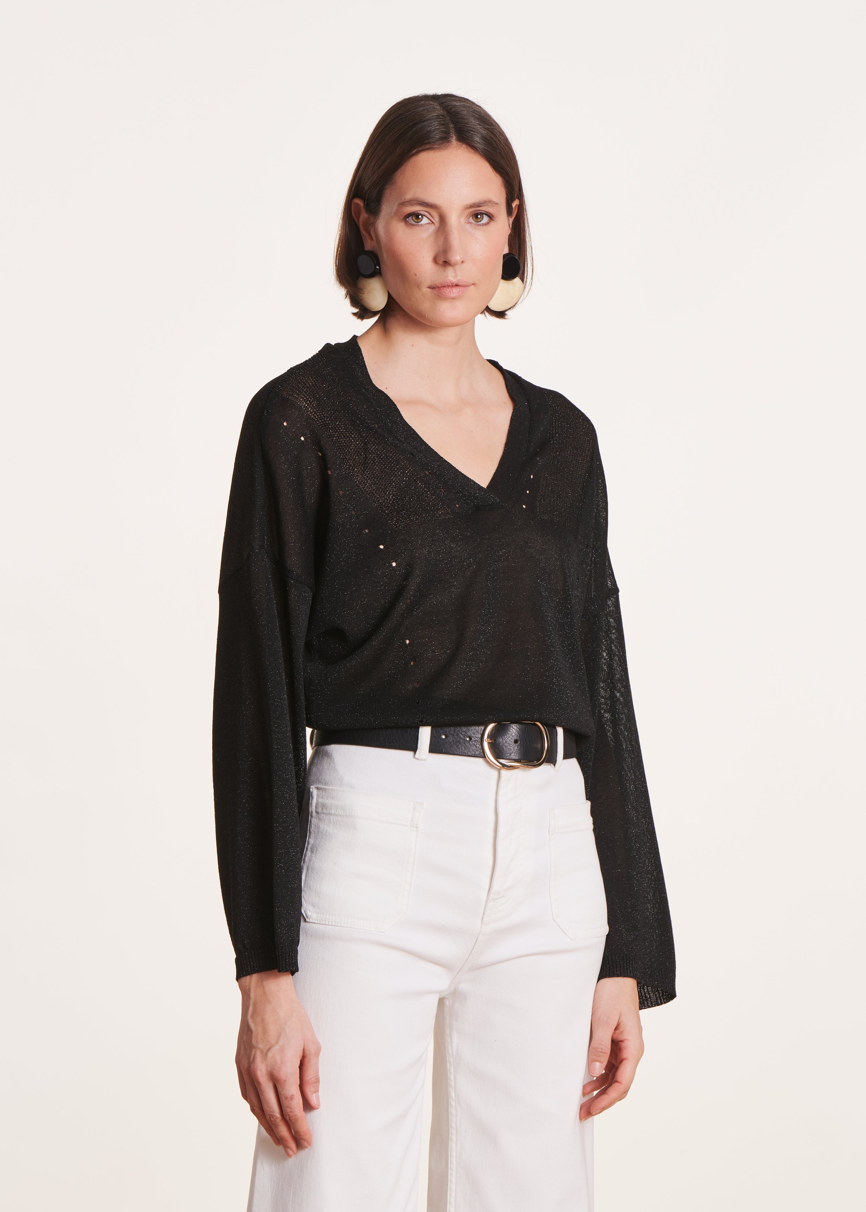Sudadera unisex negra oversize con cuello en V de punto irisado