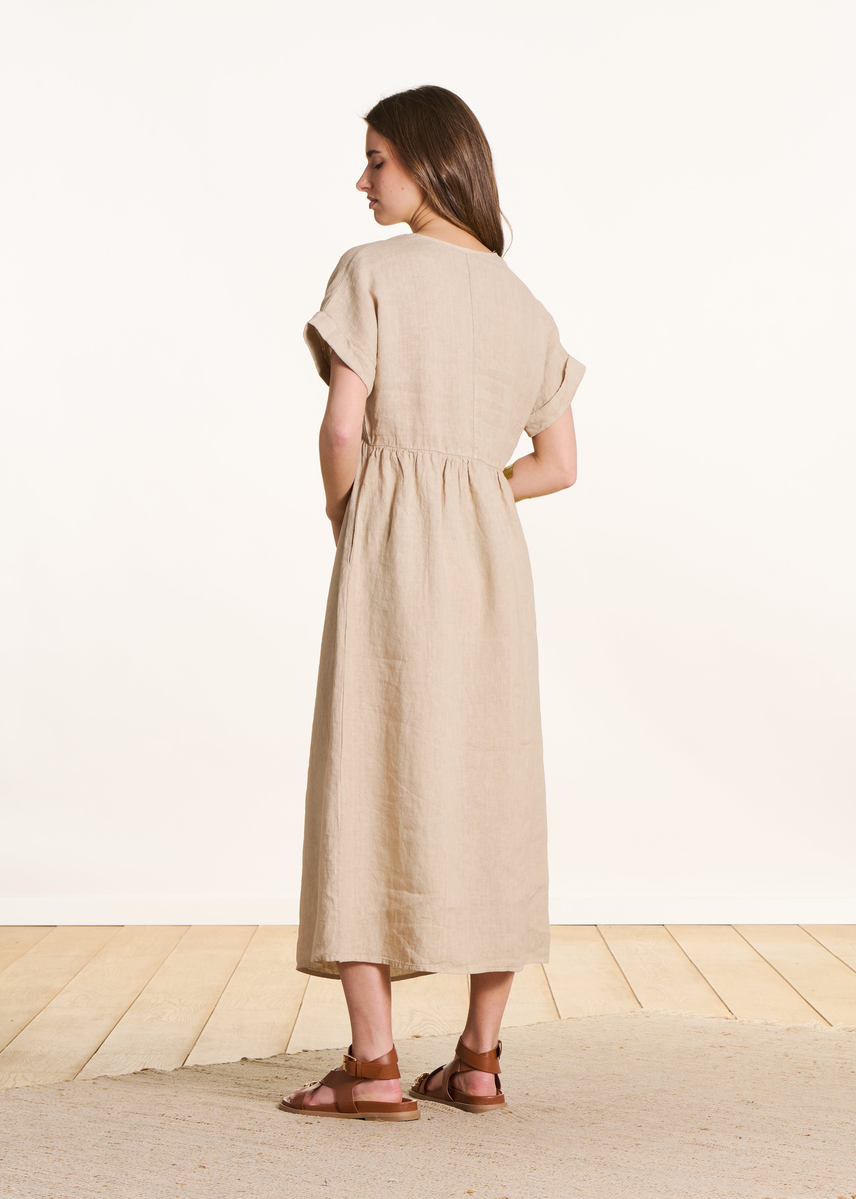 Loose long beige linen dress with short sleeves