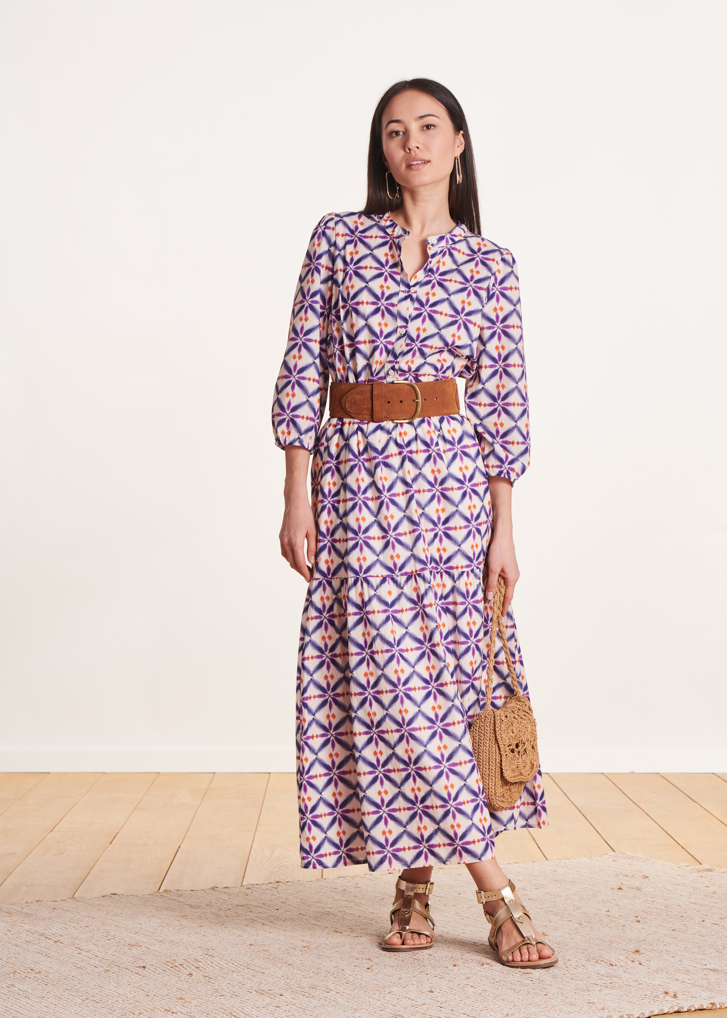 Robe longue en voile de coton à imprimé violet