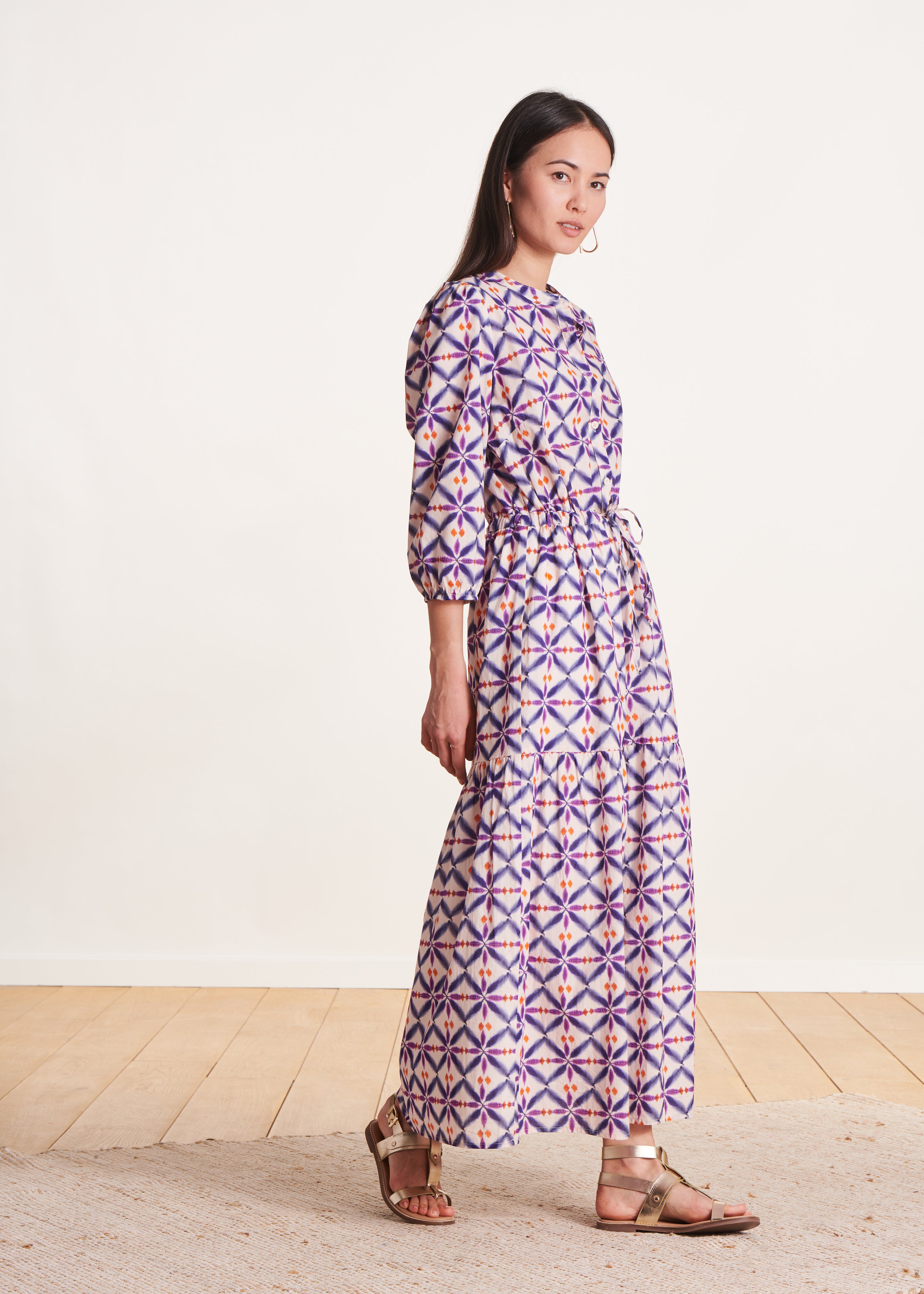 Robe longue en voile de coton à imprimé violet