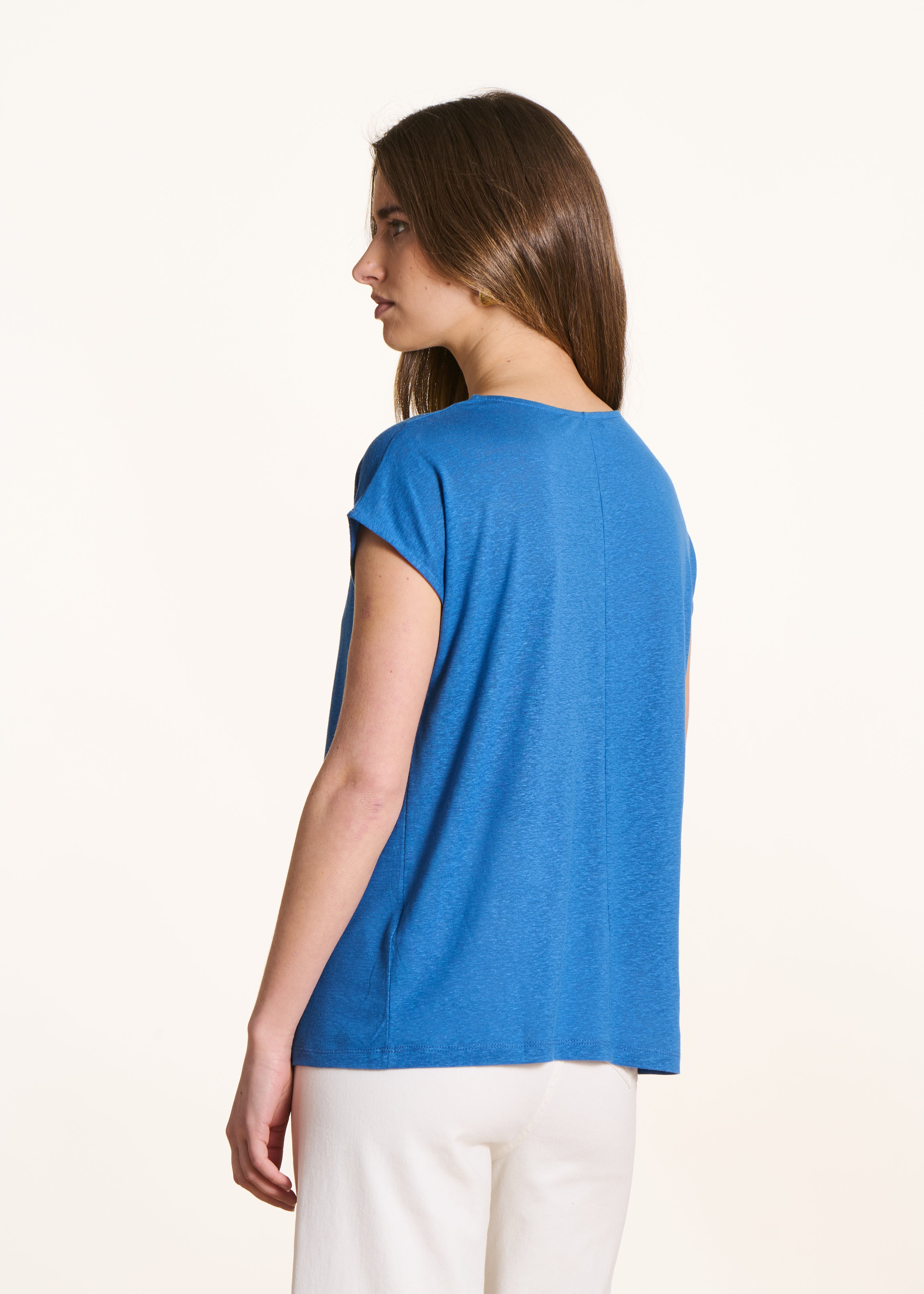 T-shirt bleu droit en lyocell et lin à col rond
