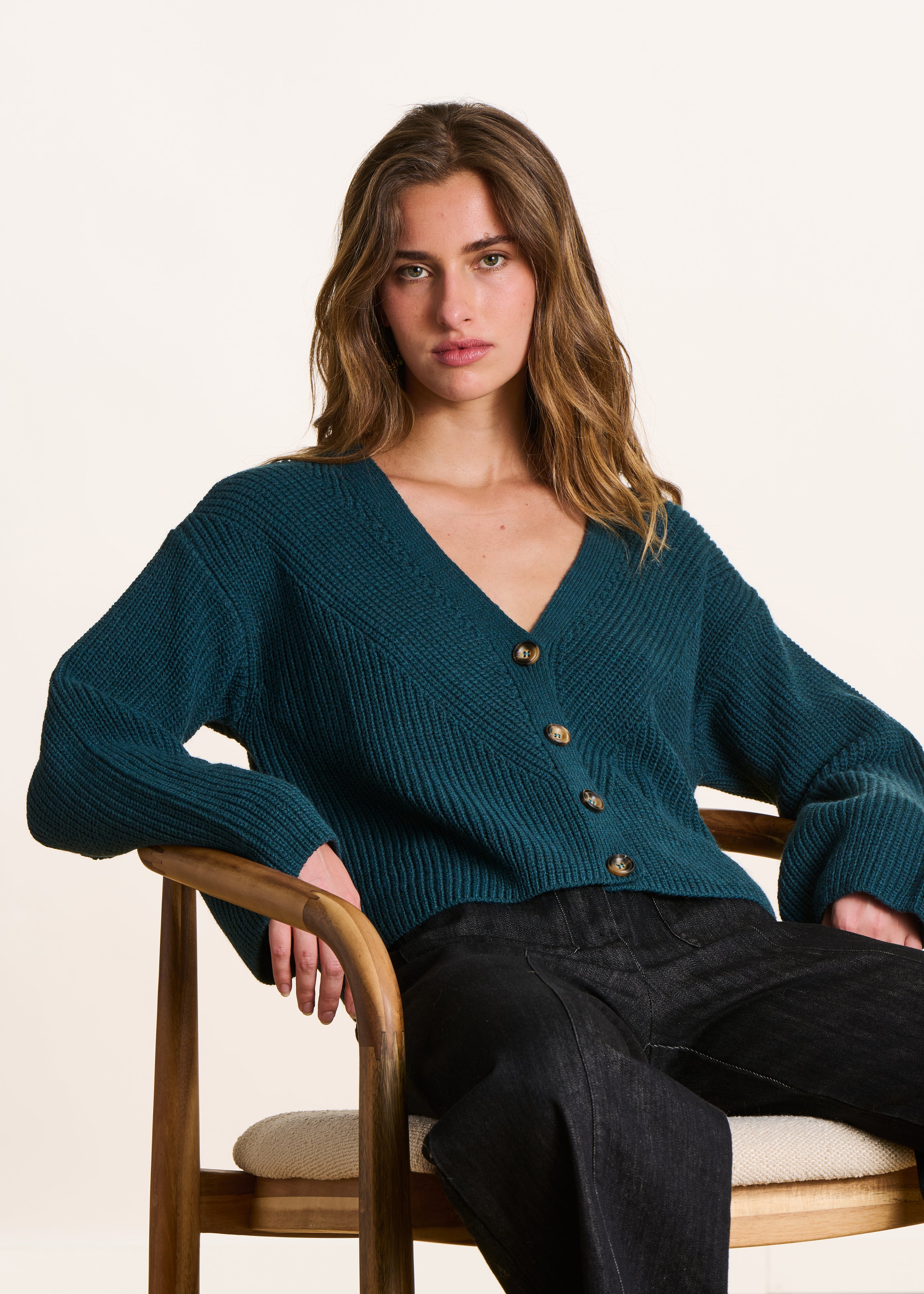 Short petrol blue cardigan in beaded ribbing