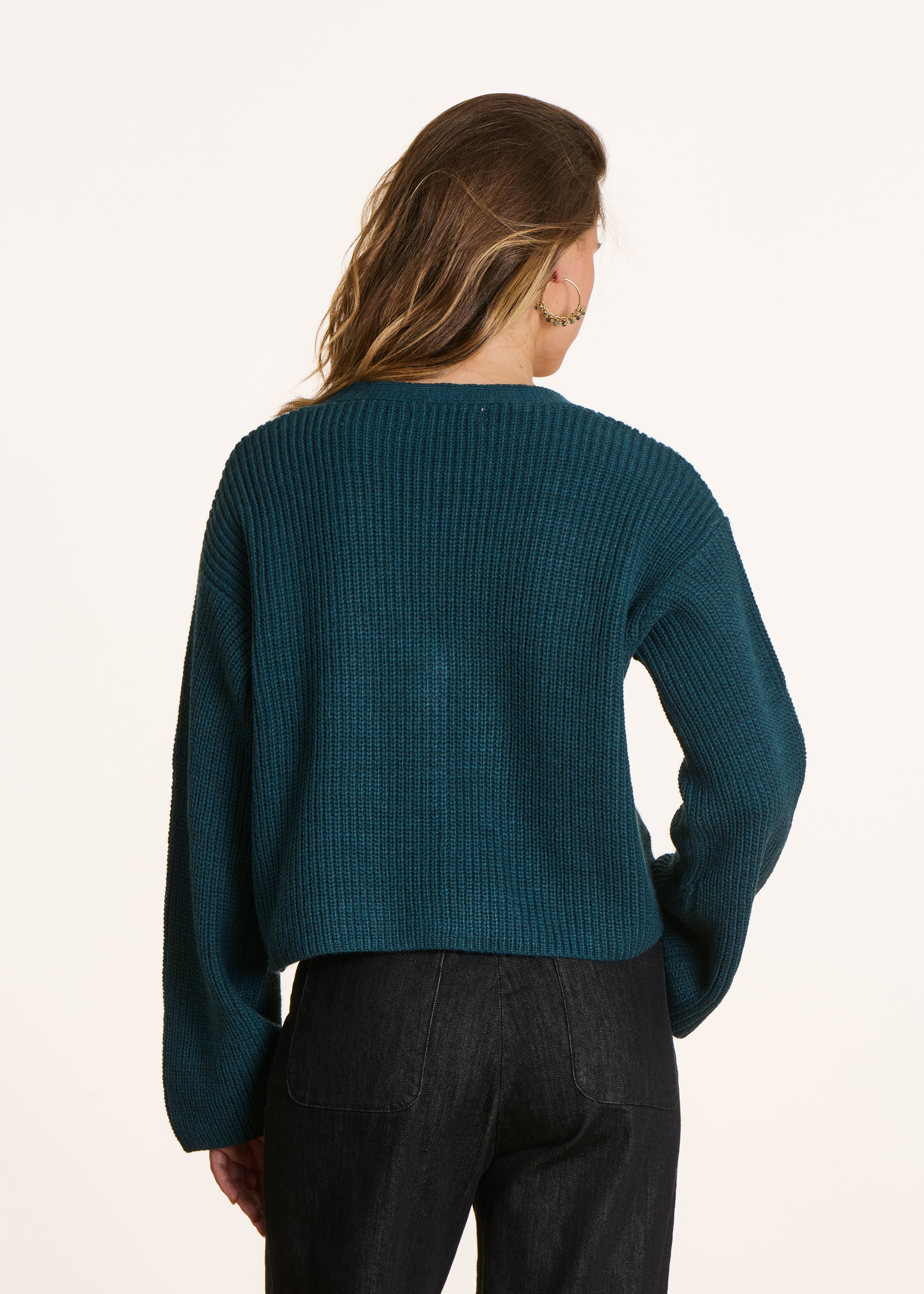 Short petrol blue cardigan in beaded ribbing