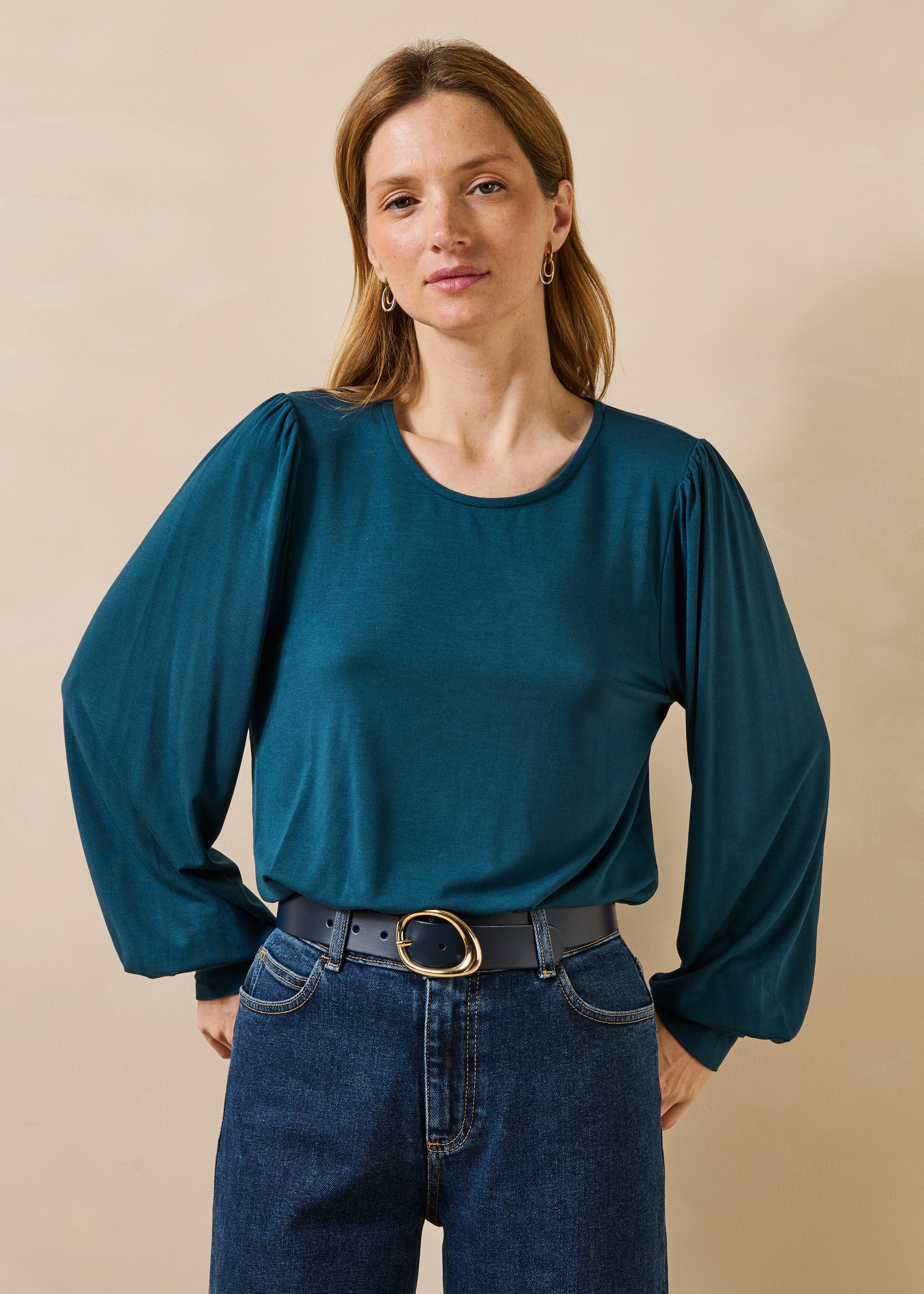 Petrol blue long-sleeve round-neck T-shirt