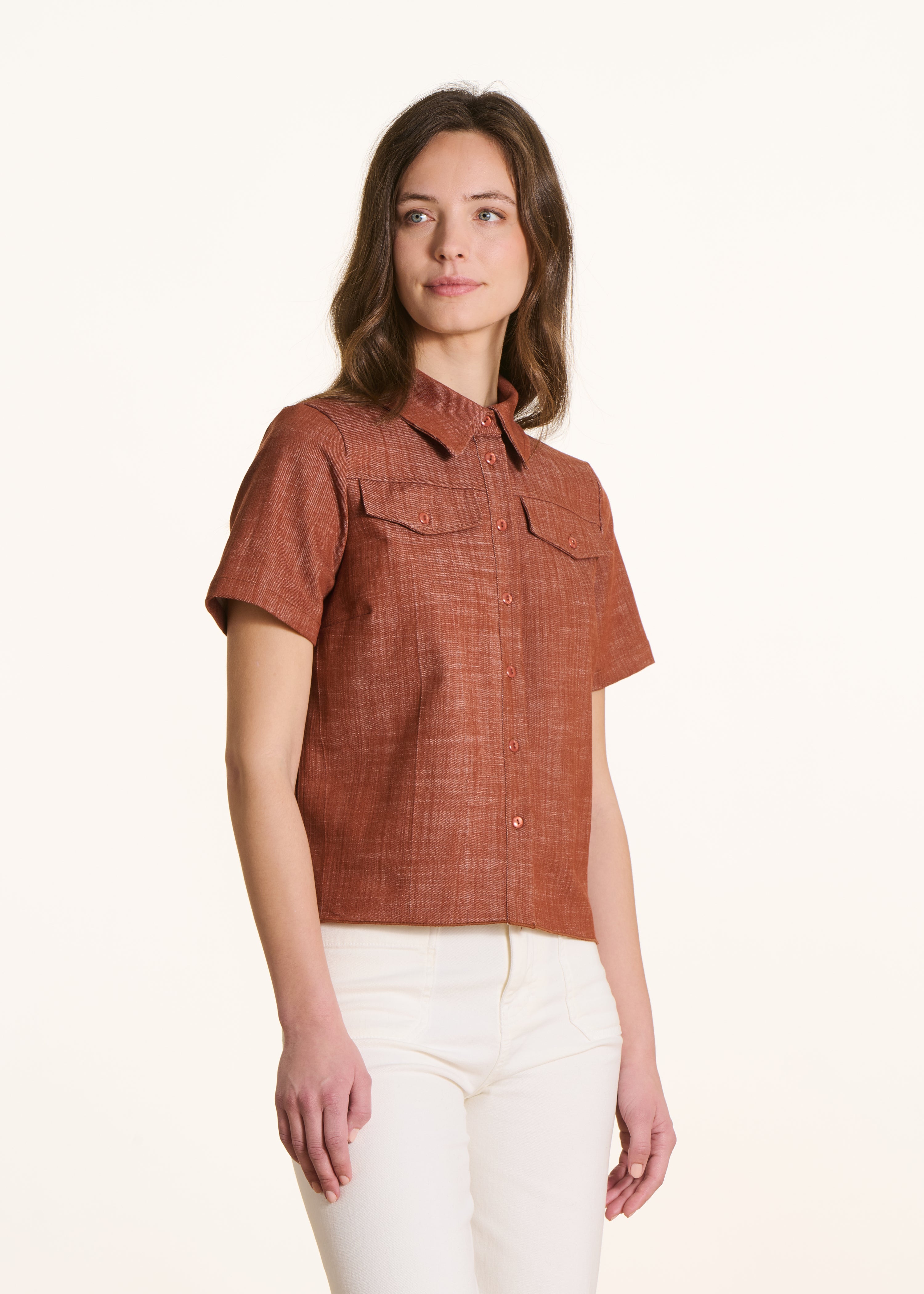 Chemise manches courtes en denim terracotta