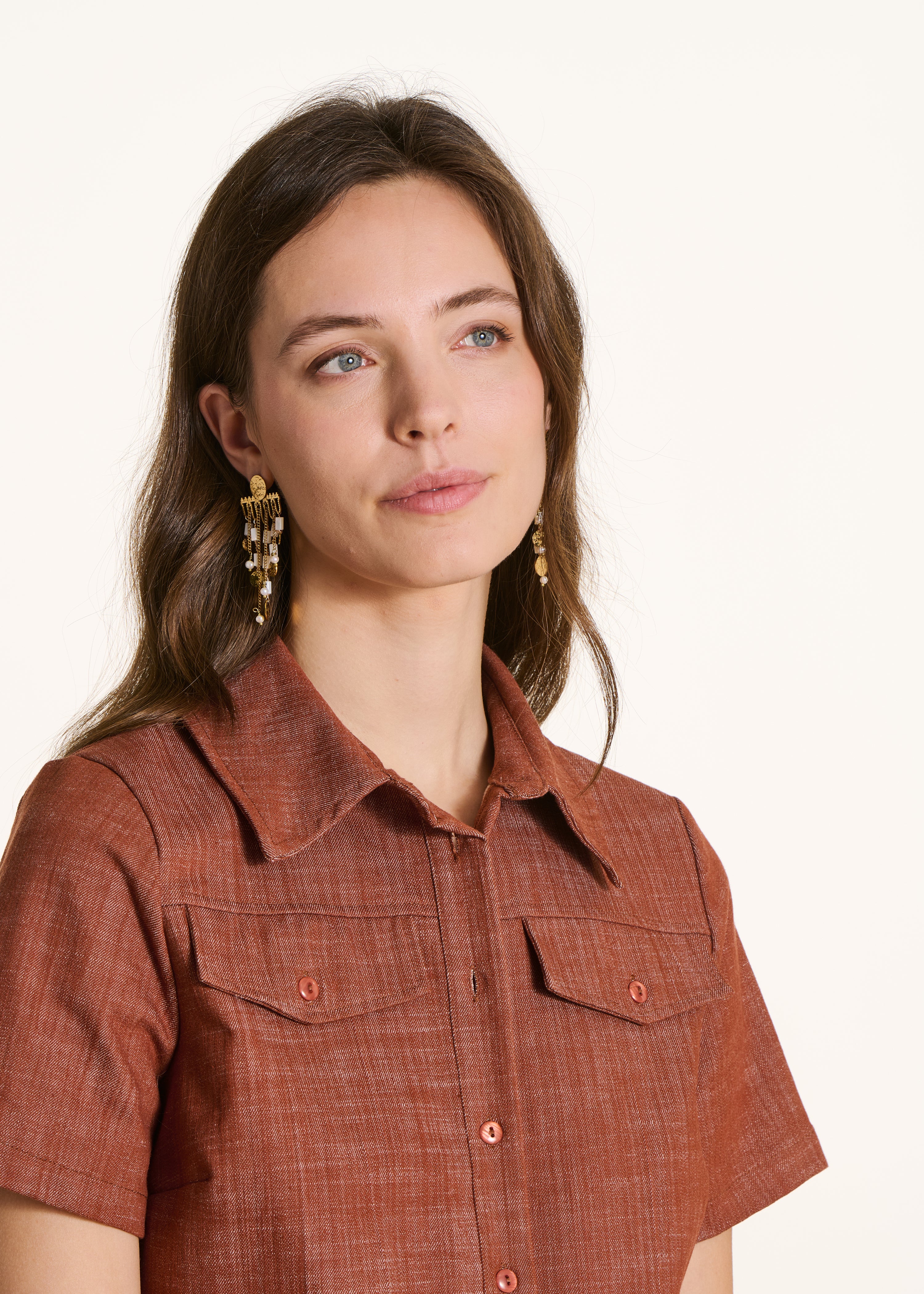 Chemise manches courtes en denim terracotta