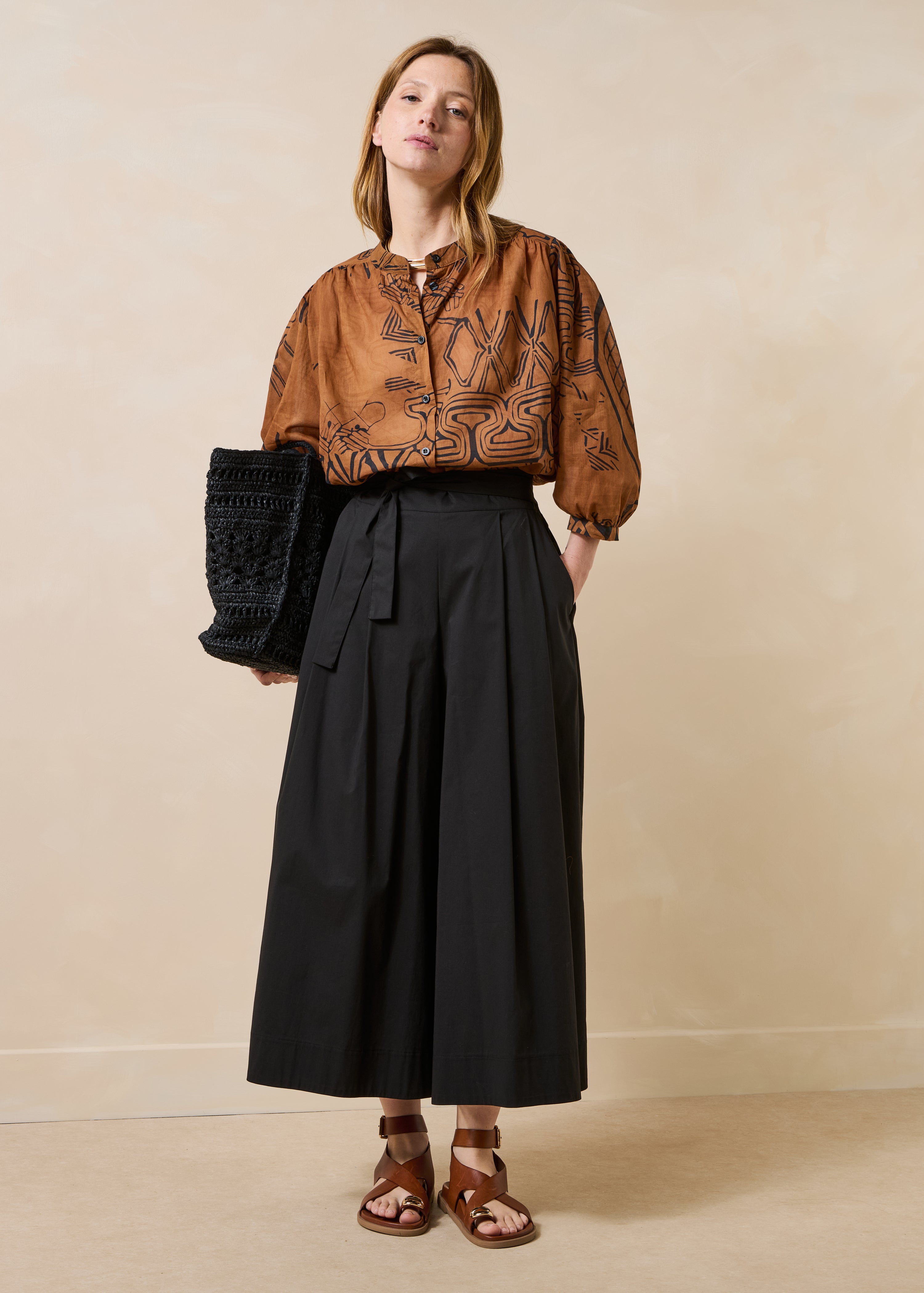 Brown printed cotton voile blouse