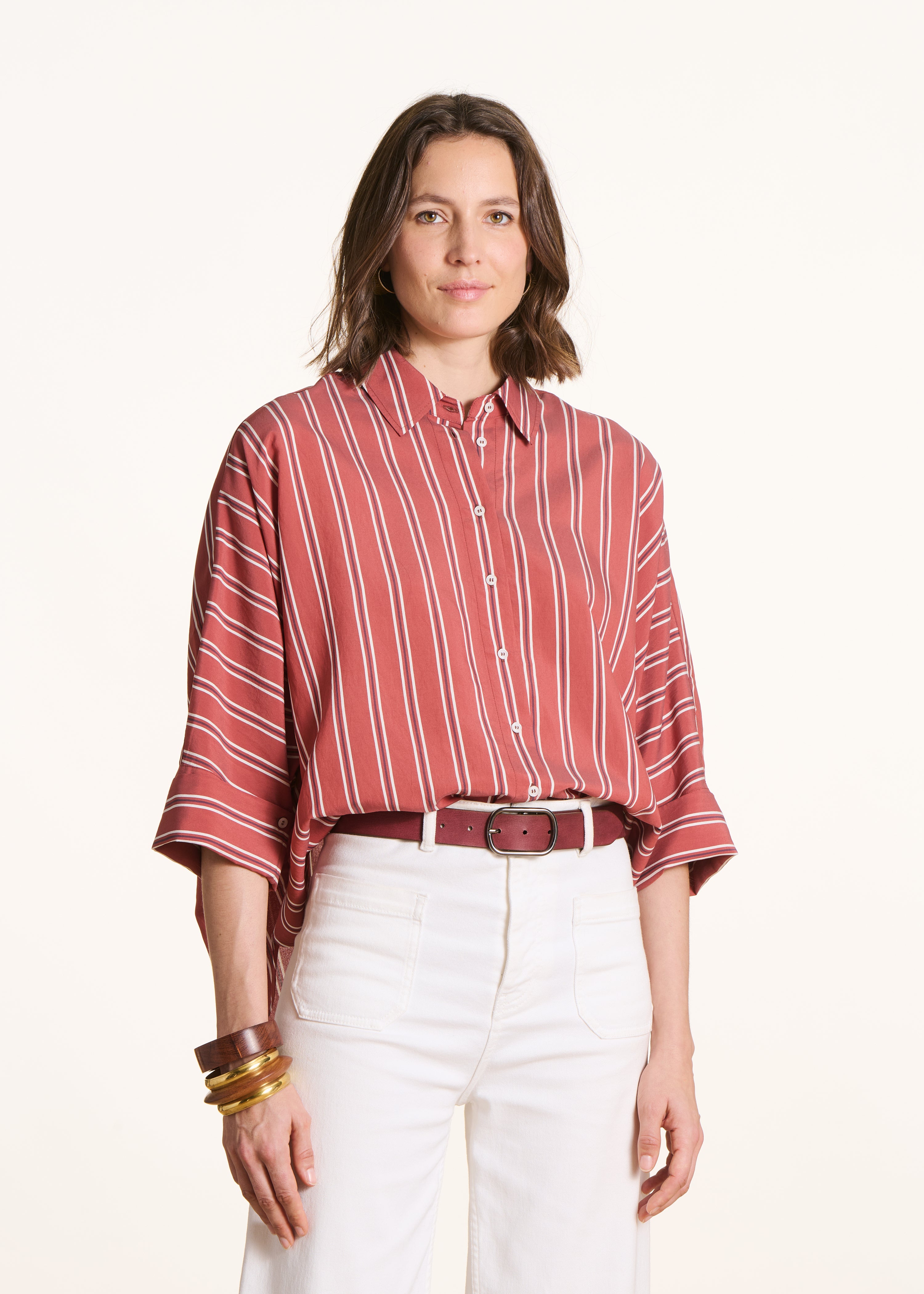 Chemise oversize rayée rouge en popeline