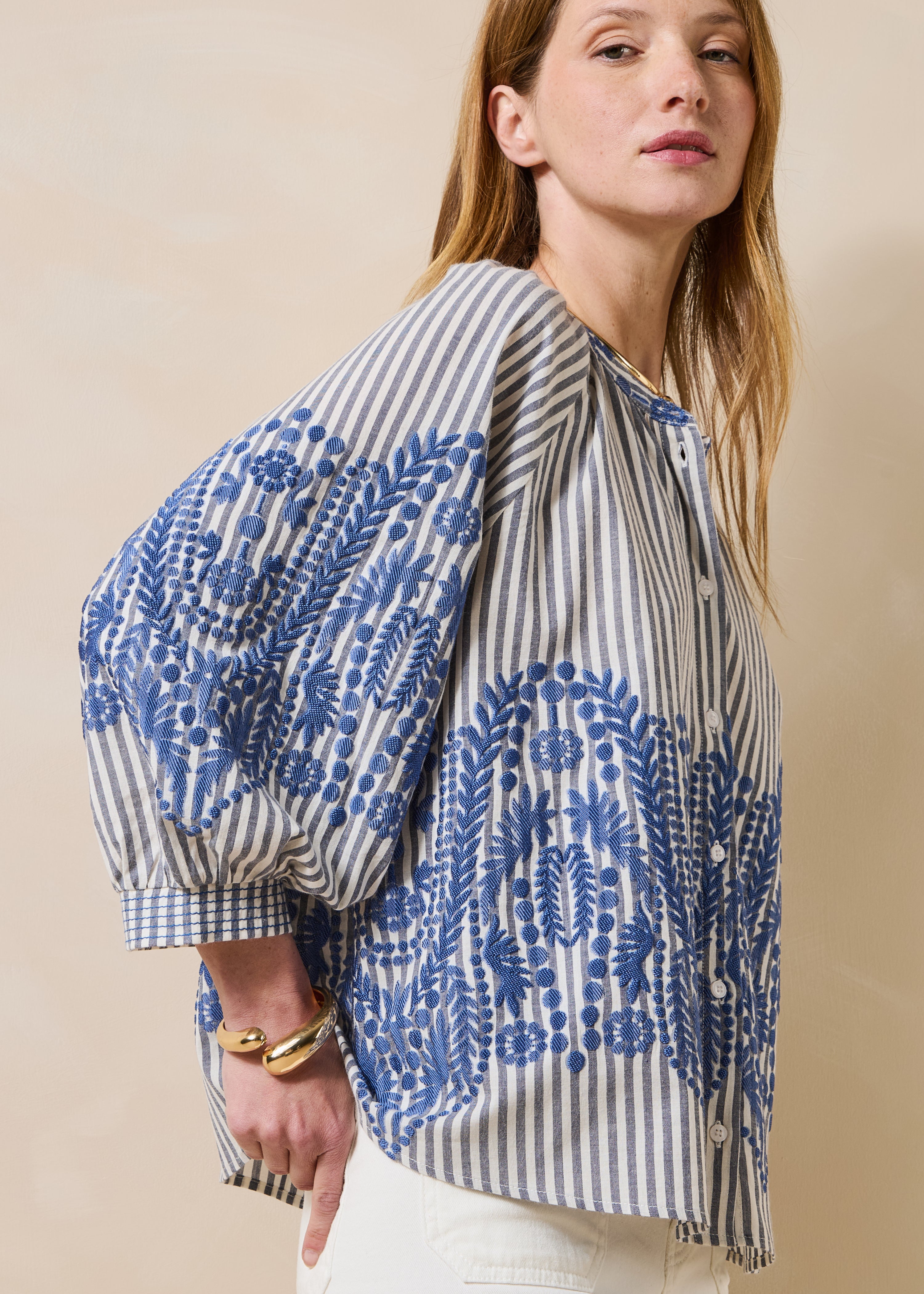 Chemise ample bleu marine à rayures et motif jacquard