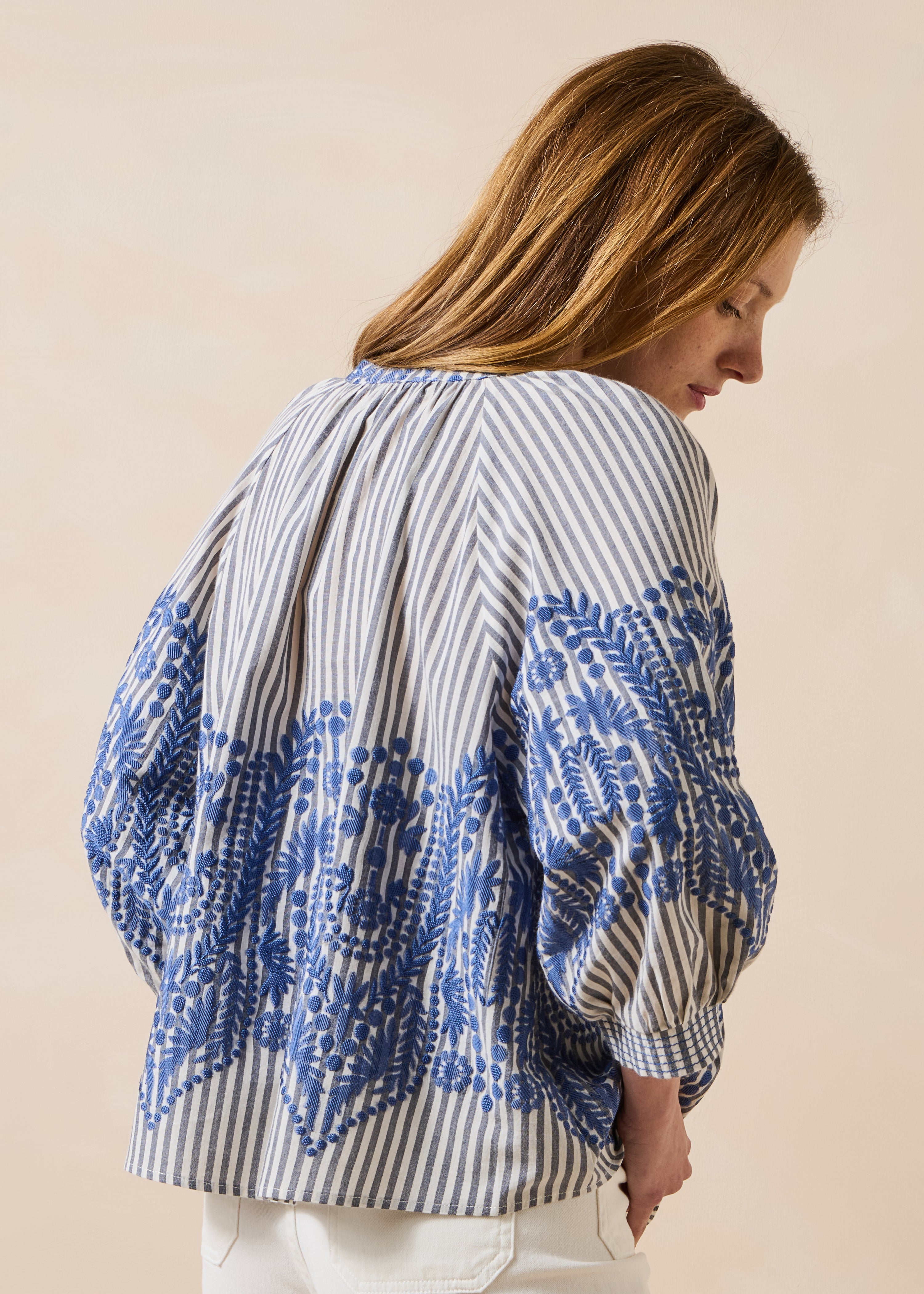 Chemise ample bleu marine à rayures et motif jacquard