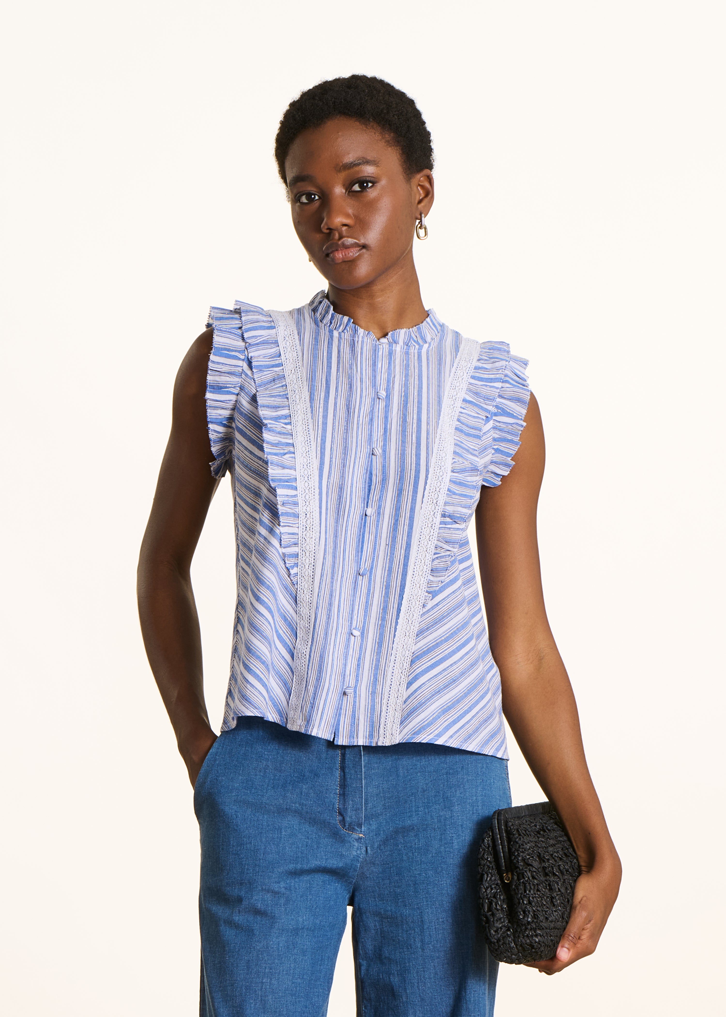 Blue striped sleeveless ruffle shirt