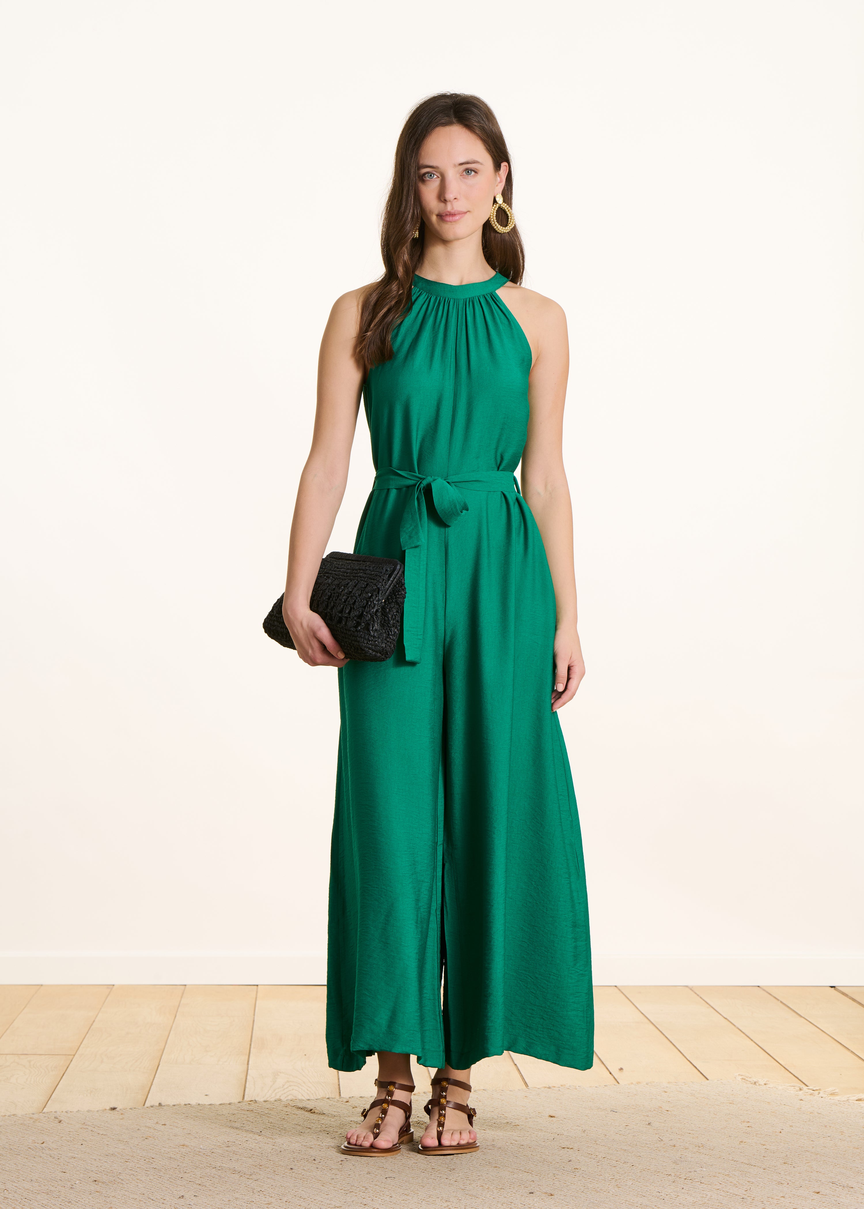 Combinaison longue fluide verte en jacquard