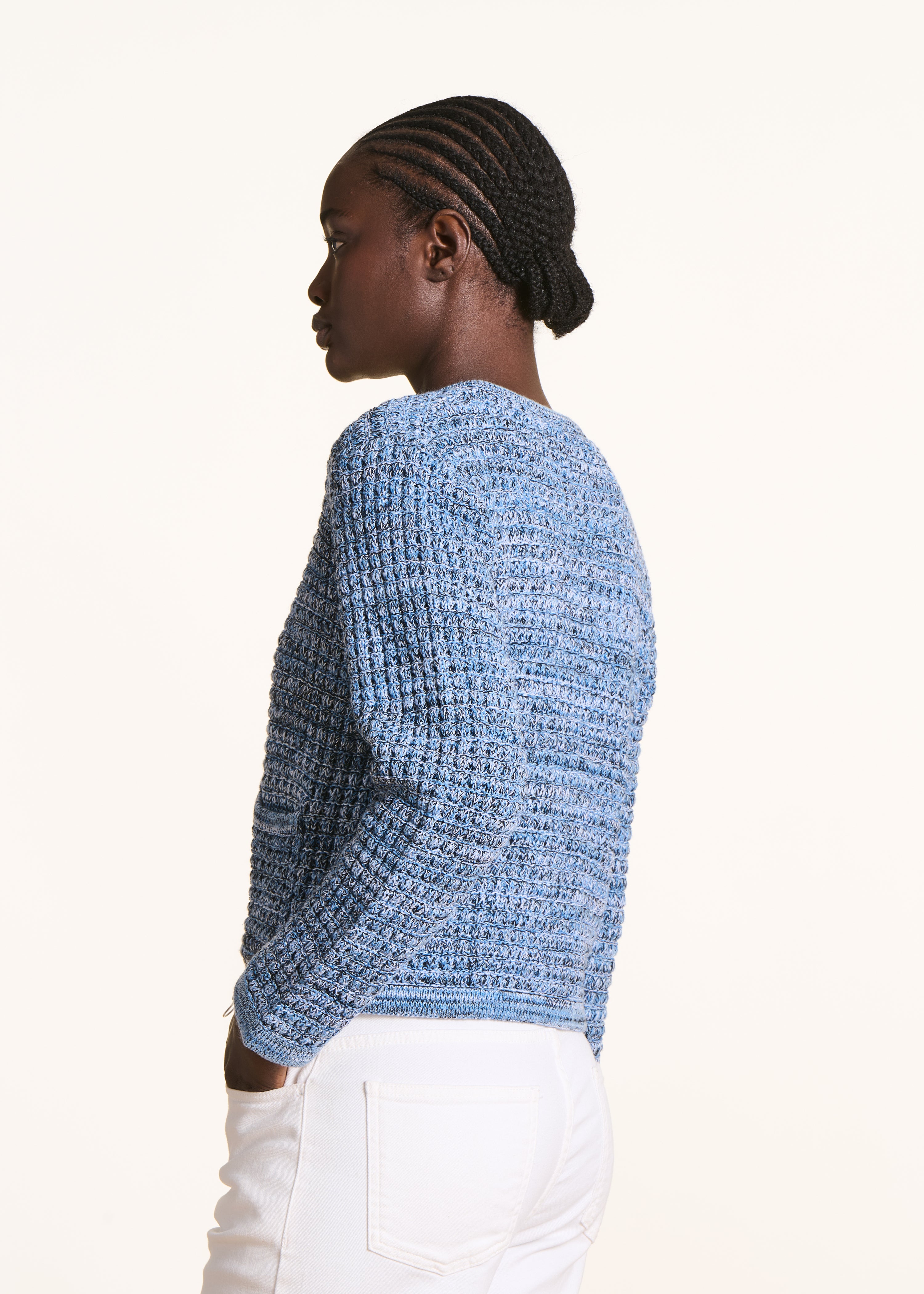 Gilet bleu ouvert en maille chinée