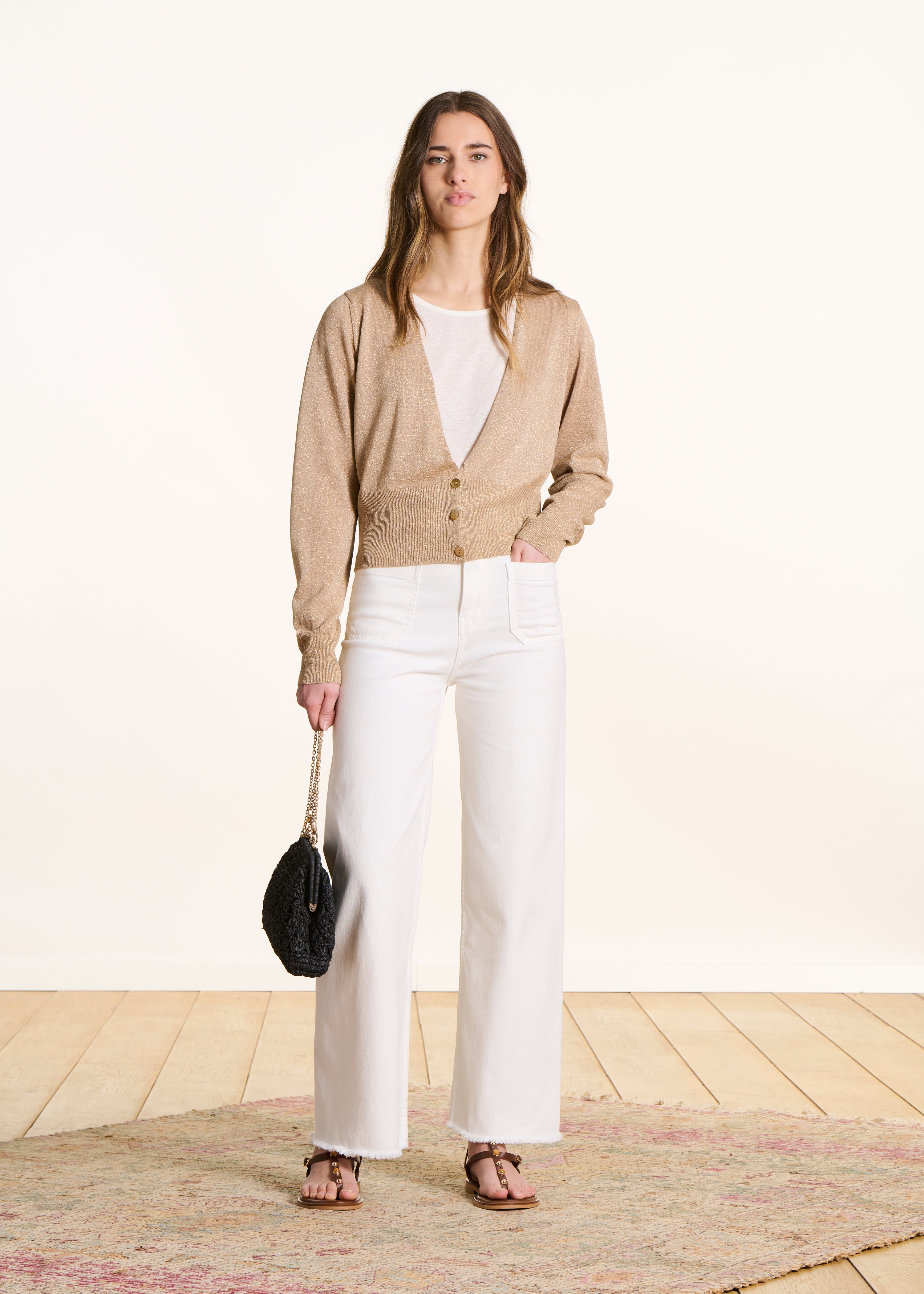 Gilet aderente in maglia fine iridescente beige