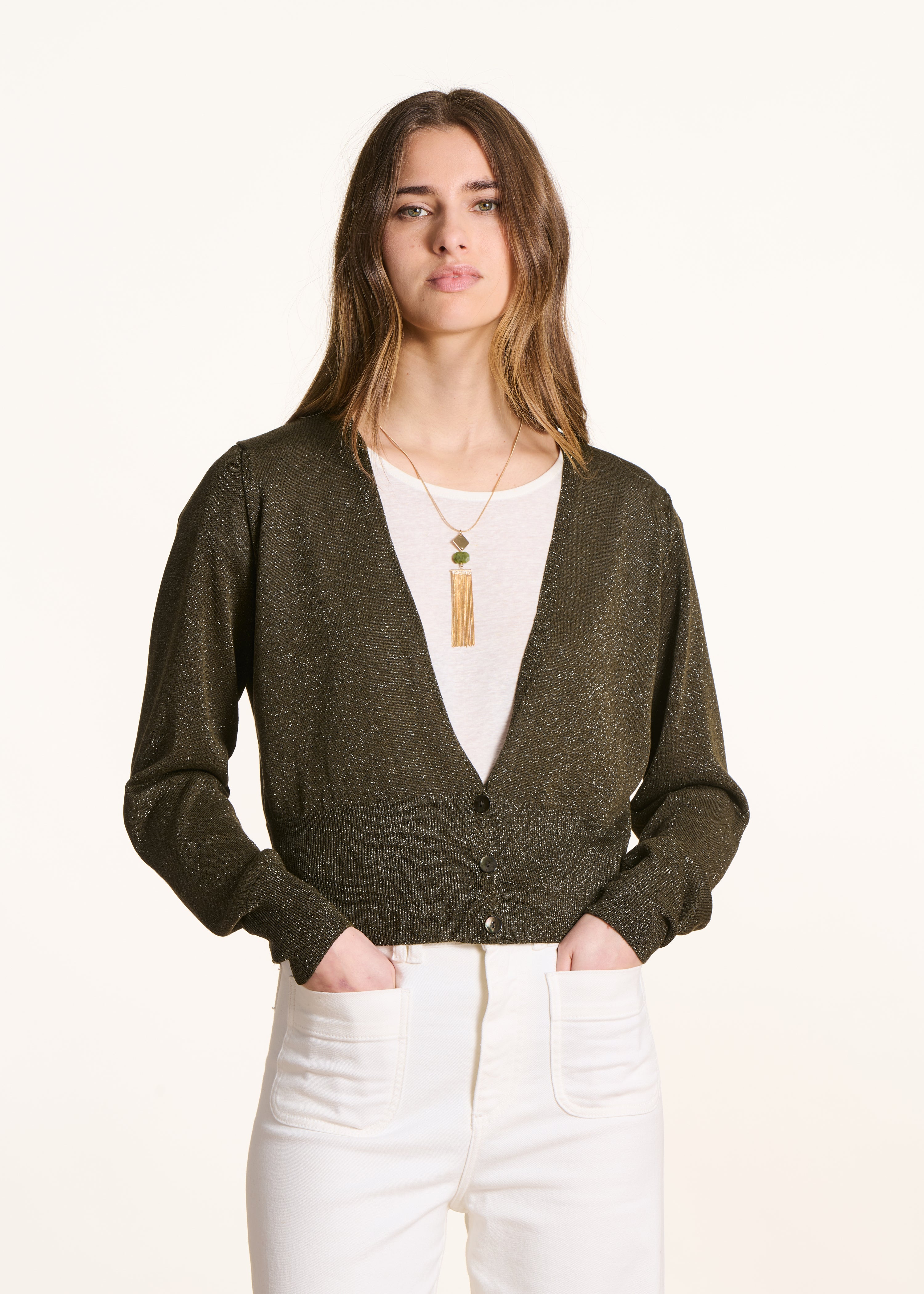 Fitted Cardigan in Fine Iridescent Khaki Knit