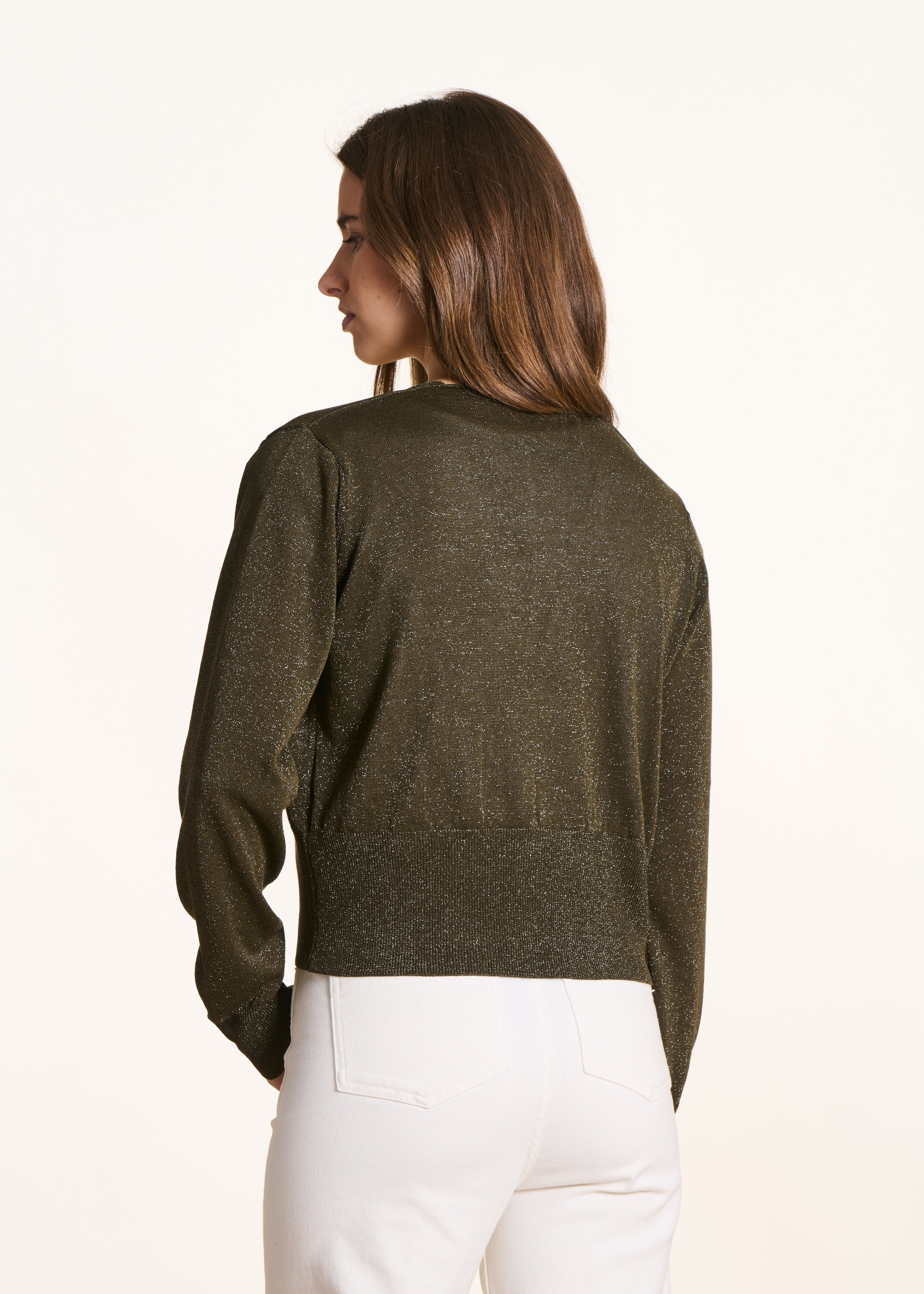 Fitted Cardigan in Fine Iridescent Khaki Knit