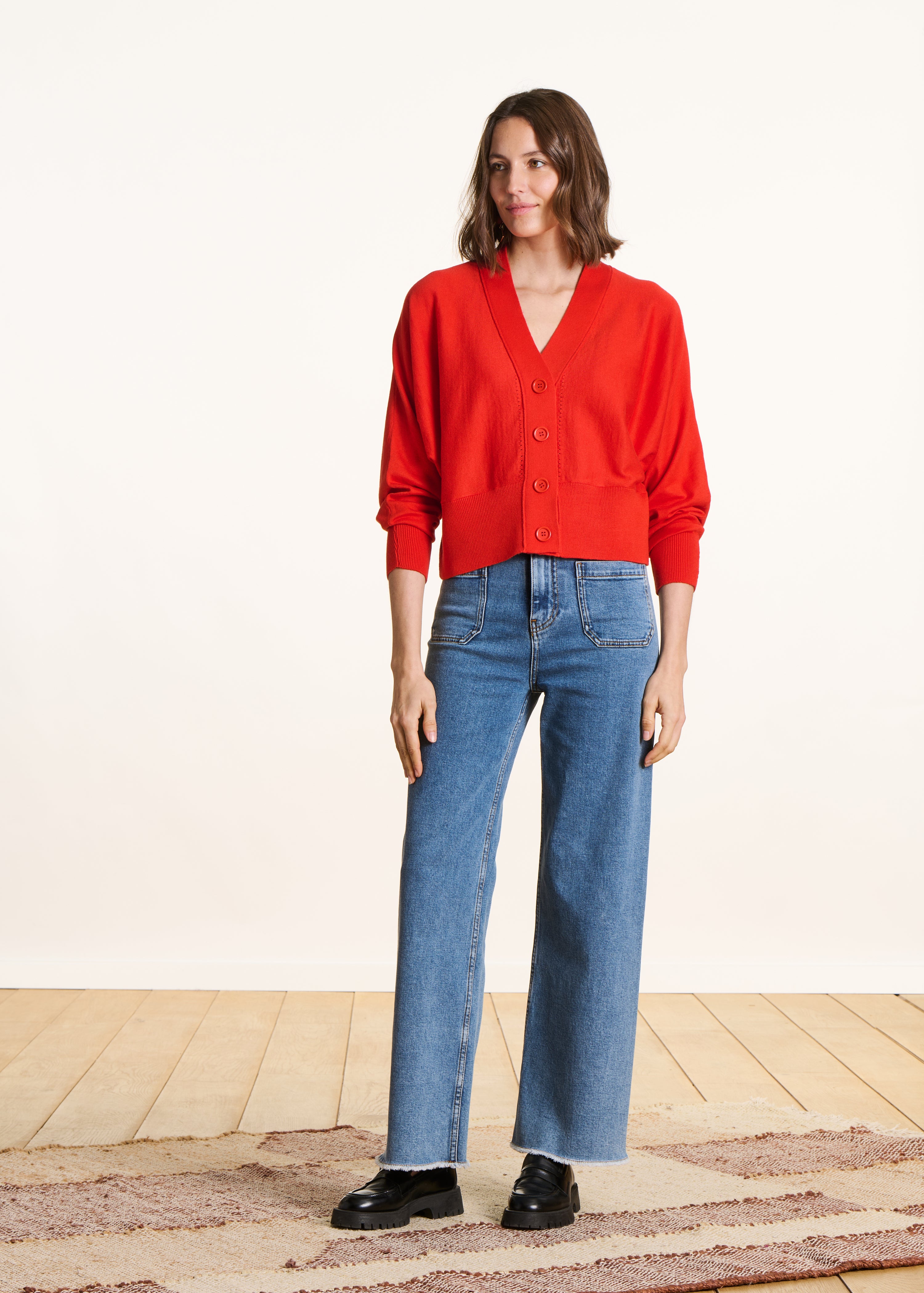 Loose red fine knit cardigan