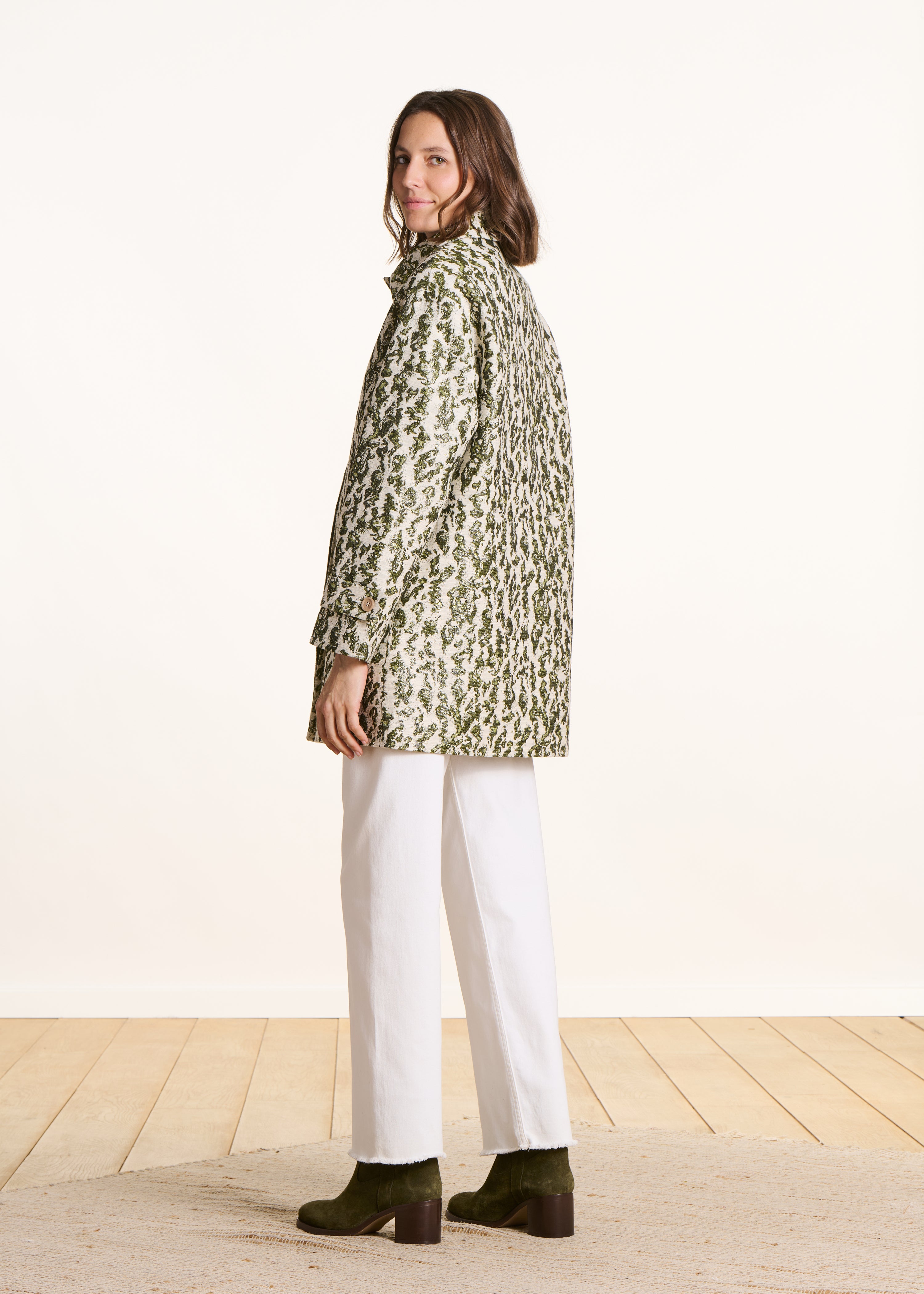 3/4-Mantel aus khakifarbenem Jacquard