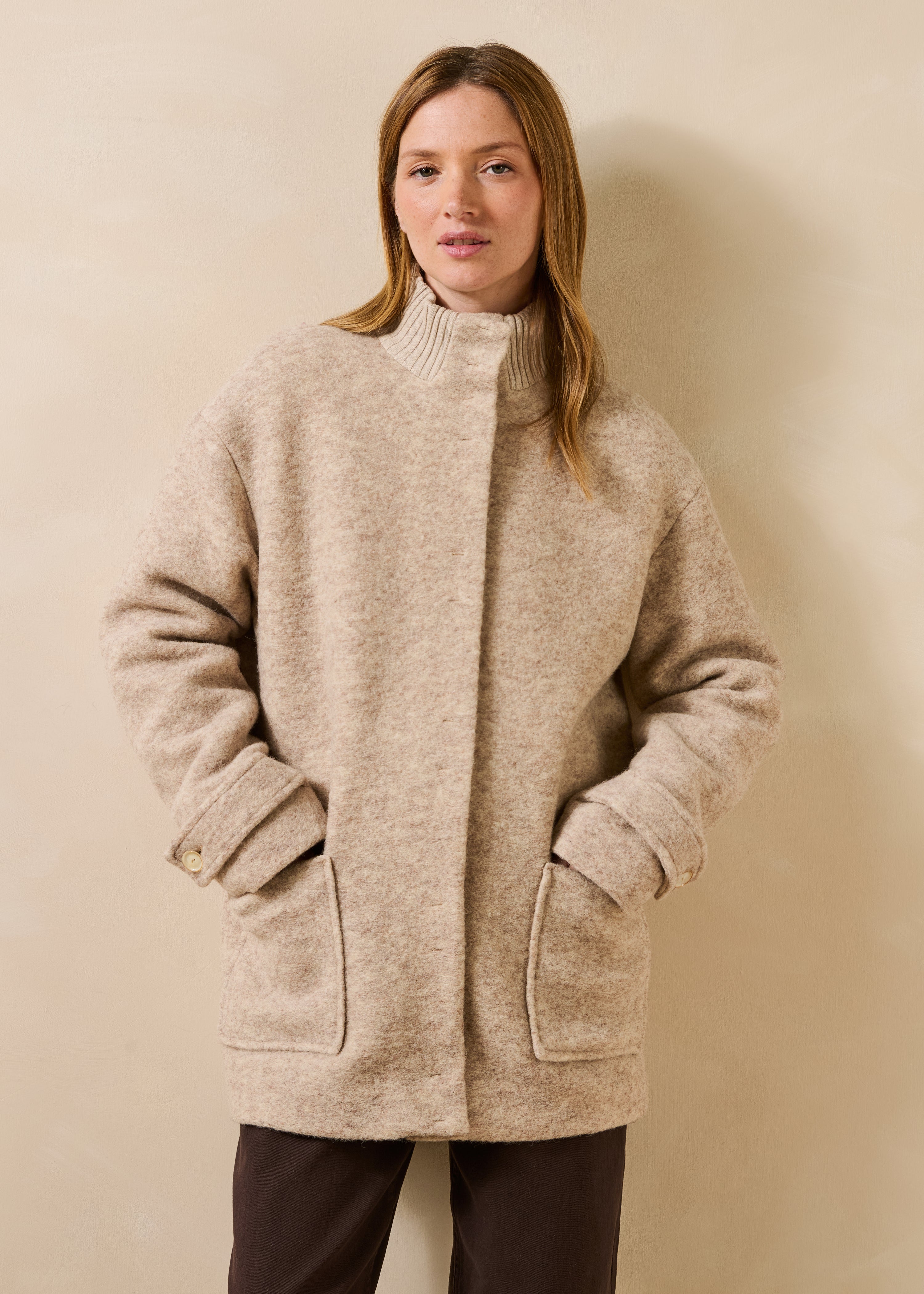 Beige 3/4 Coat Lined with Mixed Wool
