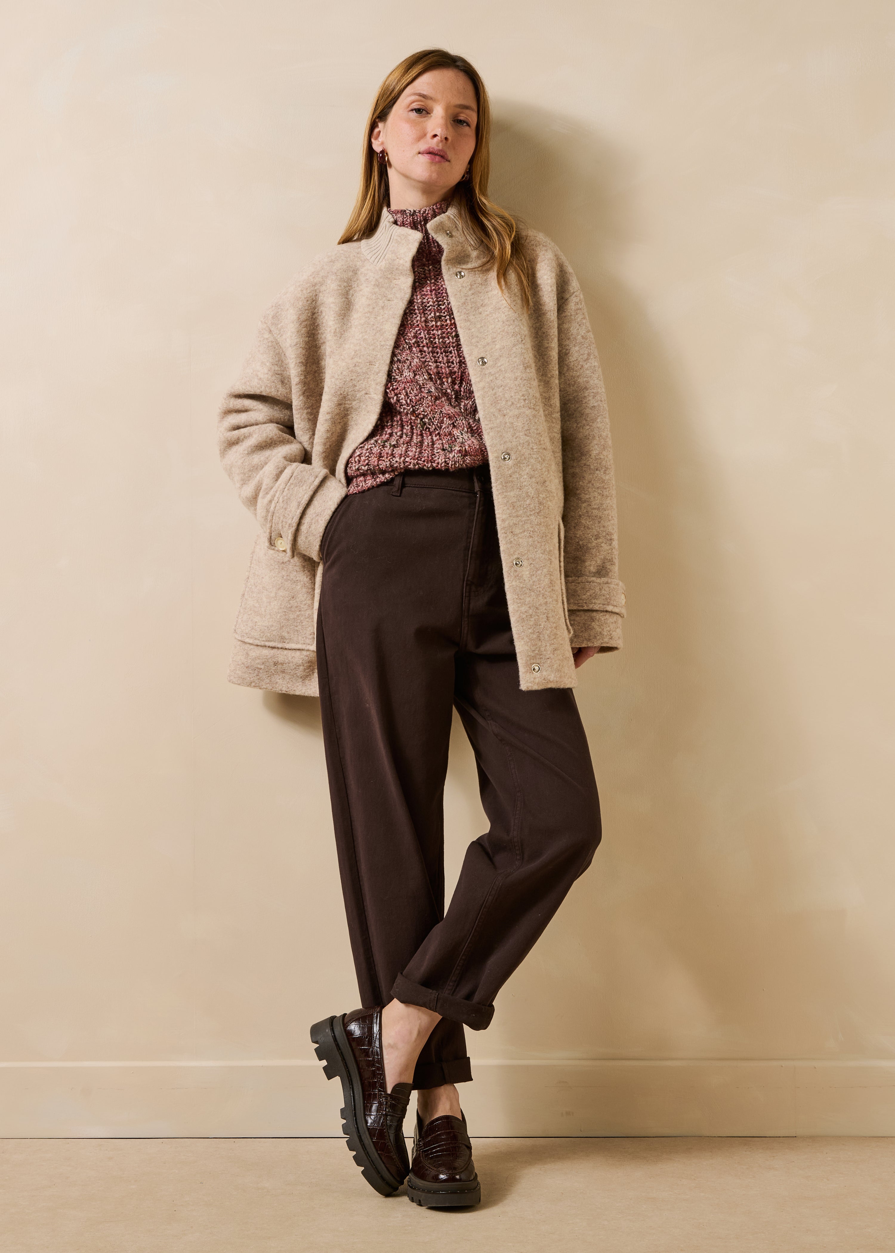 Beige 3/4 Coat Lined with Mixed Wool