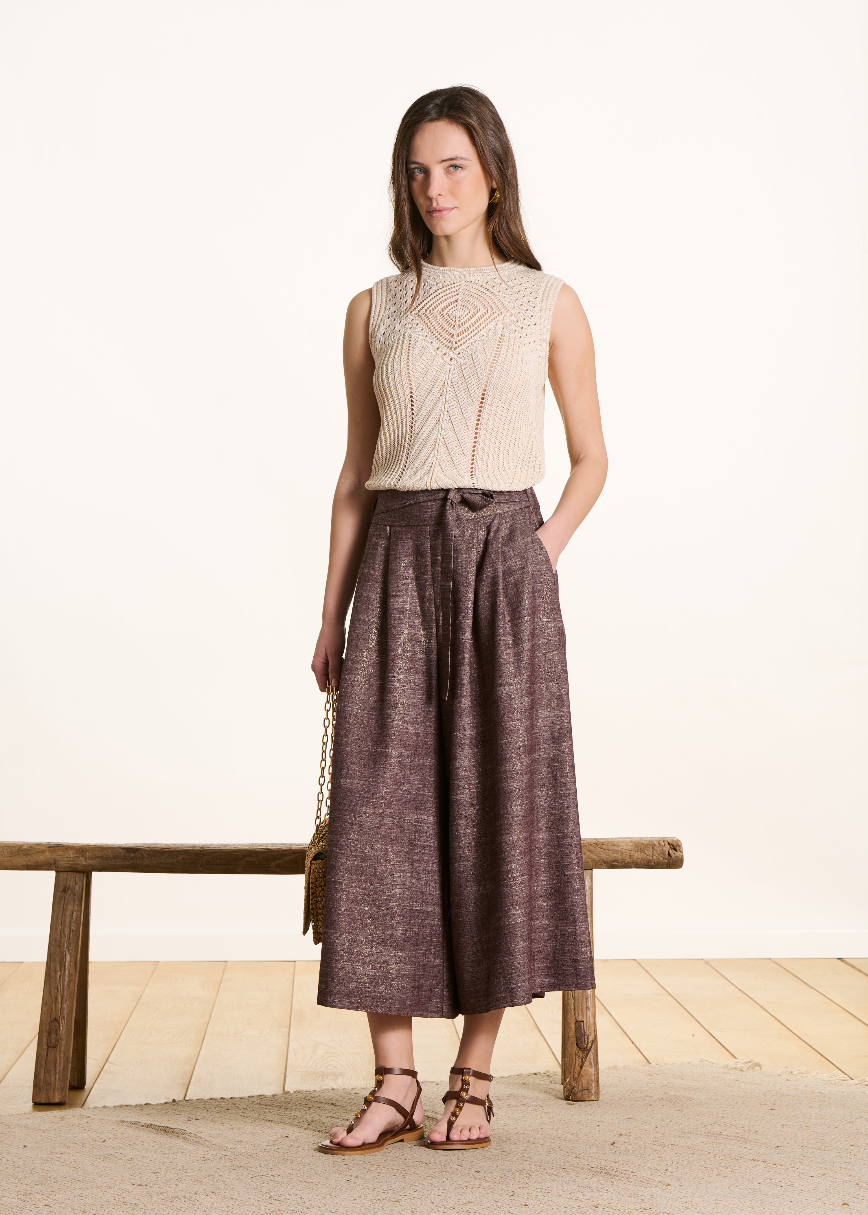 Wide Brown Iridescent 7/8-Length Trousers