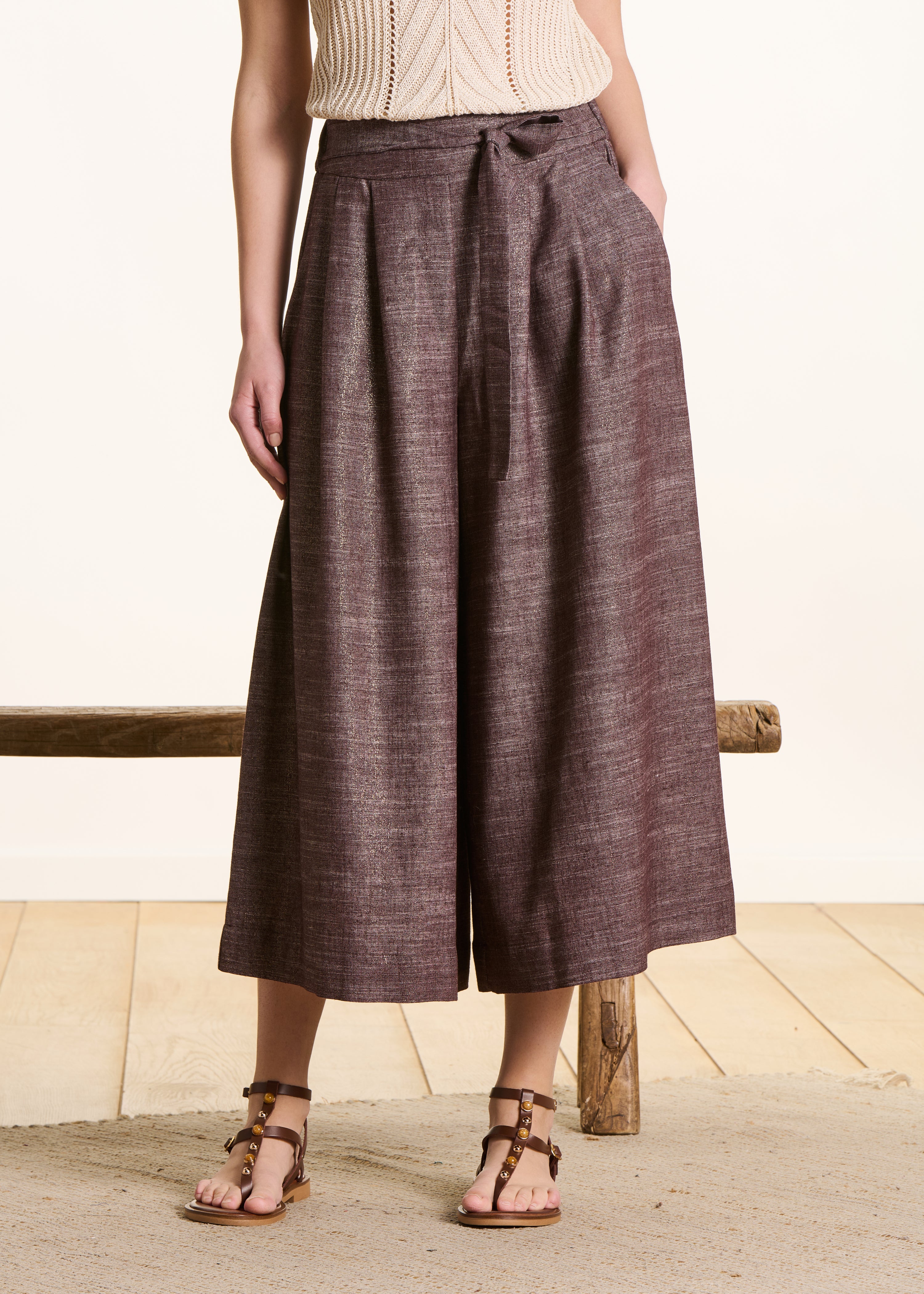 Wide Brown Iridescent 7/8-Length Trousers